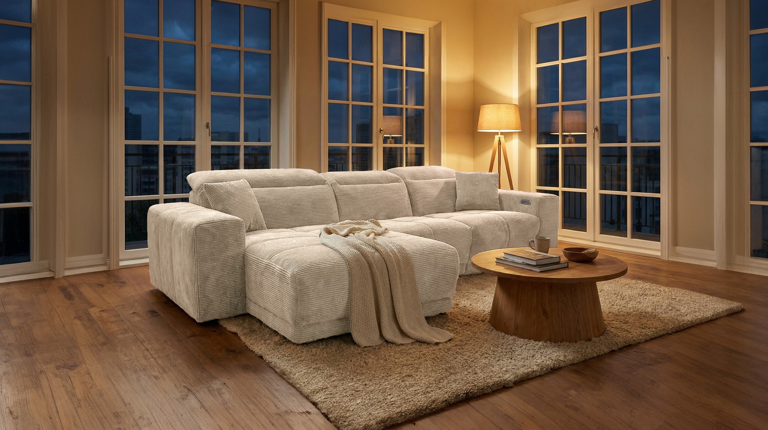 Ecksofa Cord beige 302 x 167 cm mit Relaxfunktion - OT links - TONI