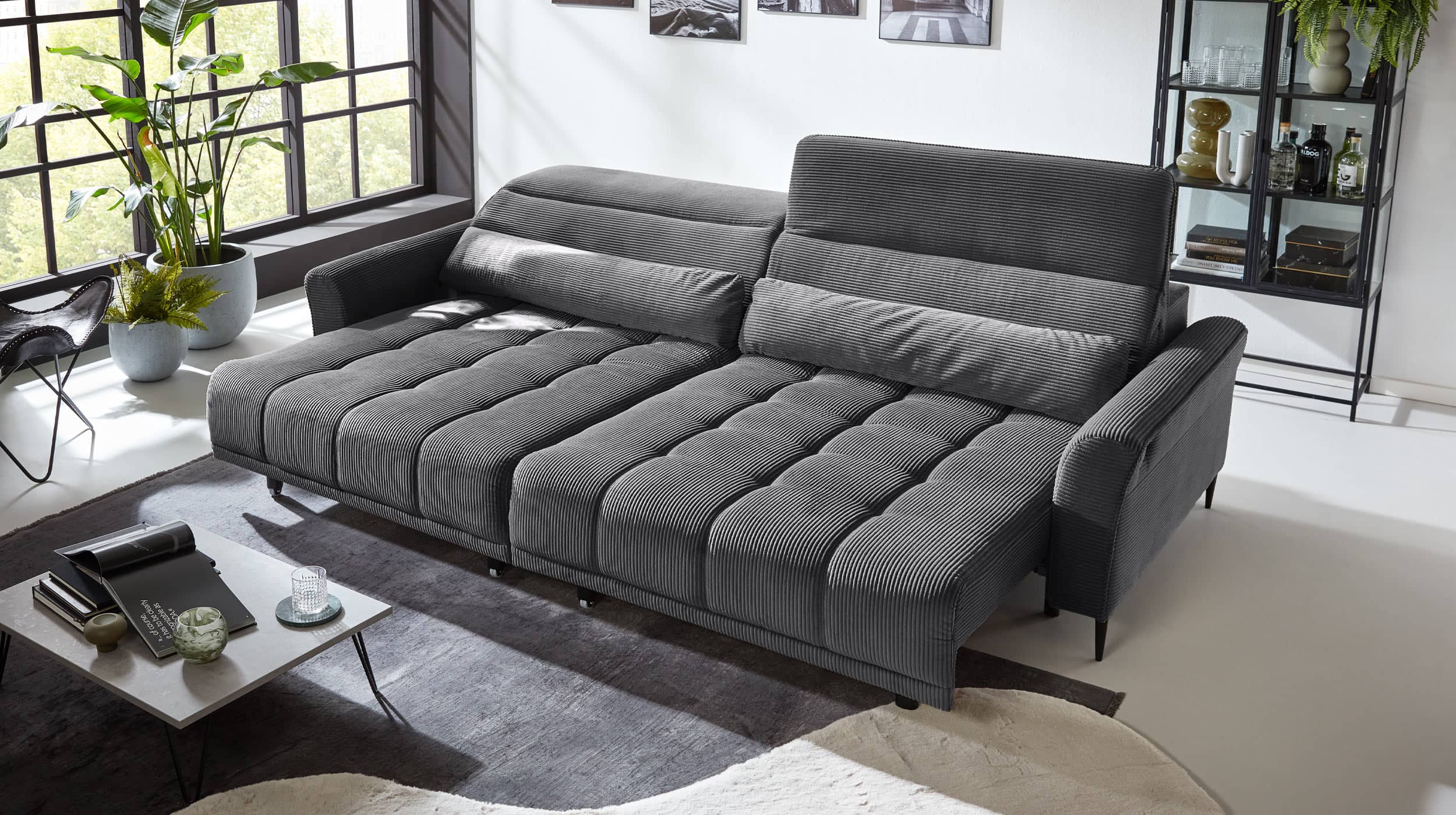 Big Sofa grau - Cordbezug - 280 cm - Nosagunterfederung - LOGAN 