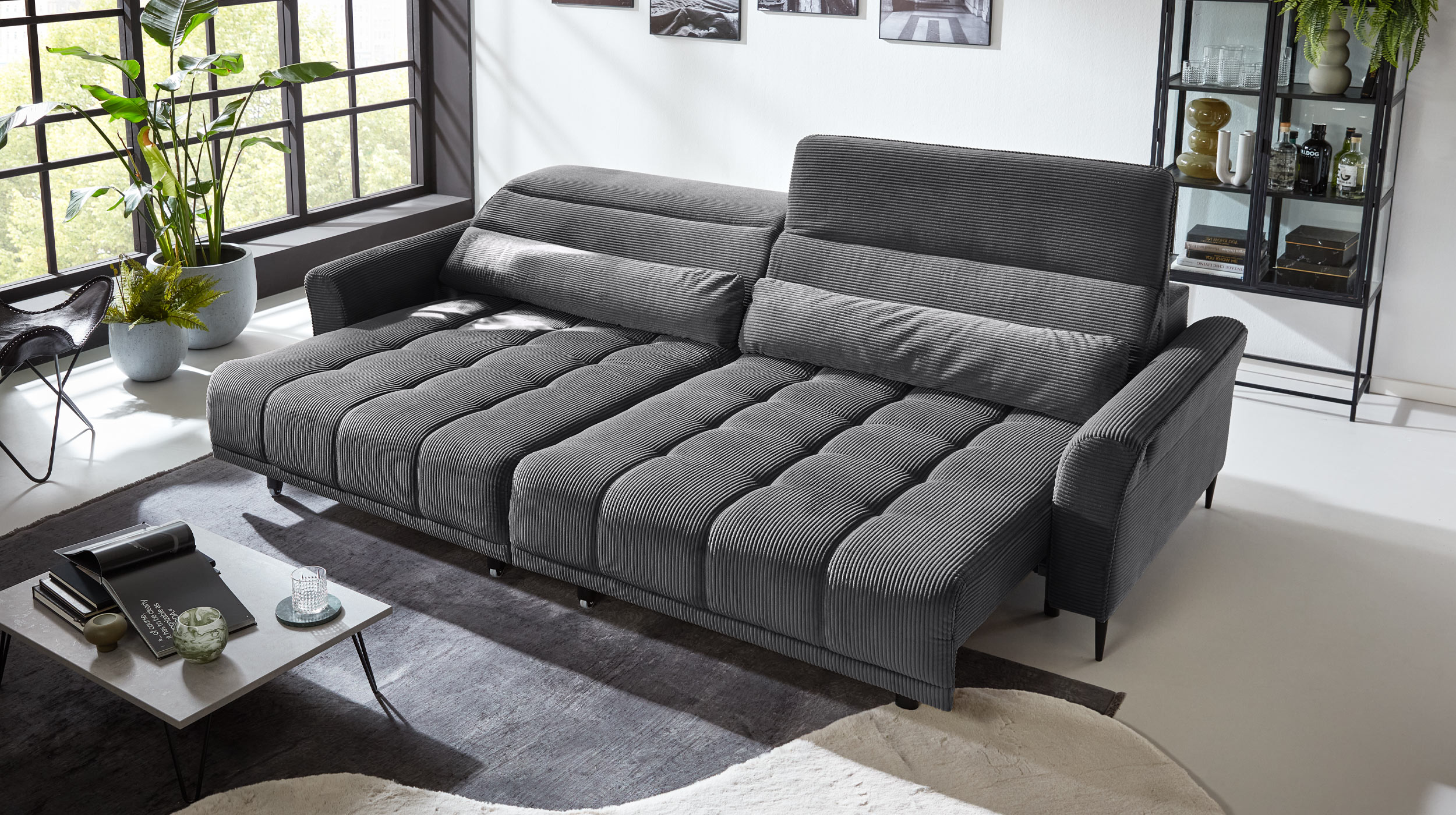 Big Sofa Cord grau - 280 cm - Nosagunterfederung - LOGAN 