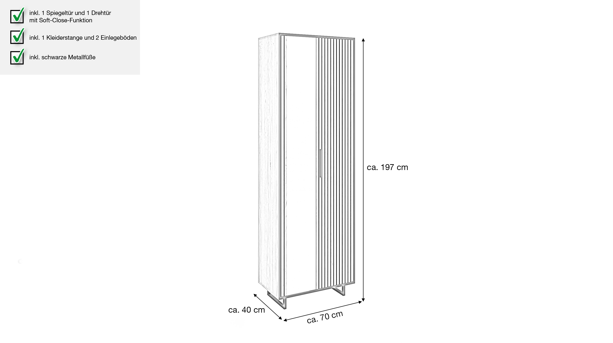Garderobenschrank mit Spiegel Eiche teilmassiv geölt 70 cm - BELLA Garderobenschrank mit Spiegel Eiche teilmassiv geölt 70 cm - BELLA