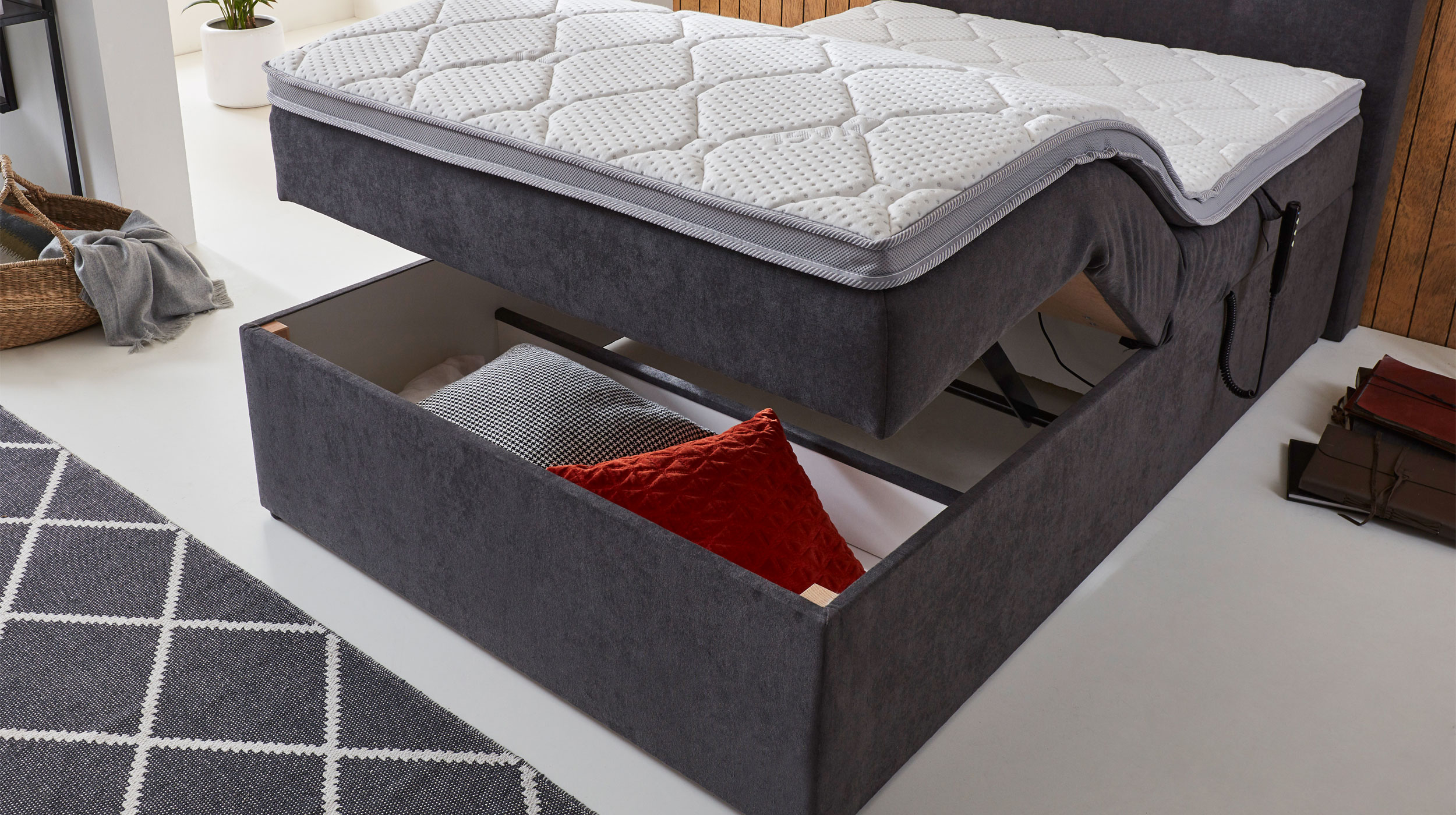 Boxbett 100 x 200 cm grau Bettkasten - elektrisch  - GABRIOLA