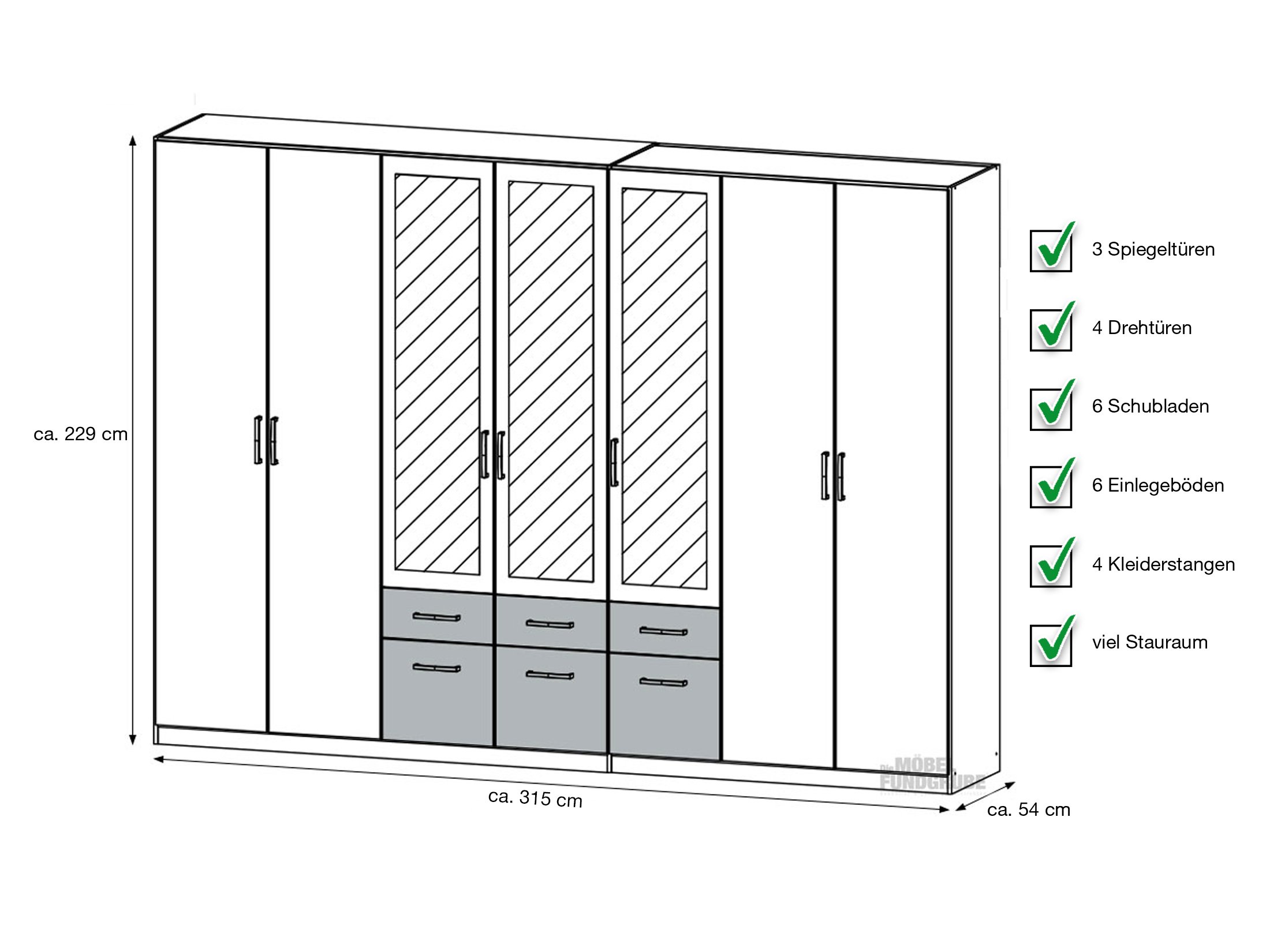 Kleiderschrank weiß mit Spiegel - 315 cm - rauch - BINGEN