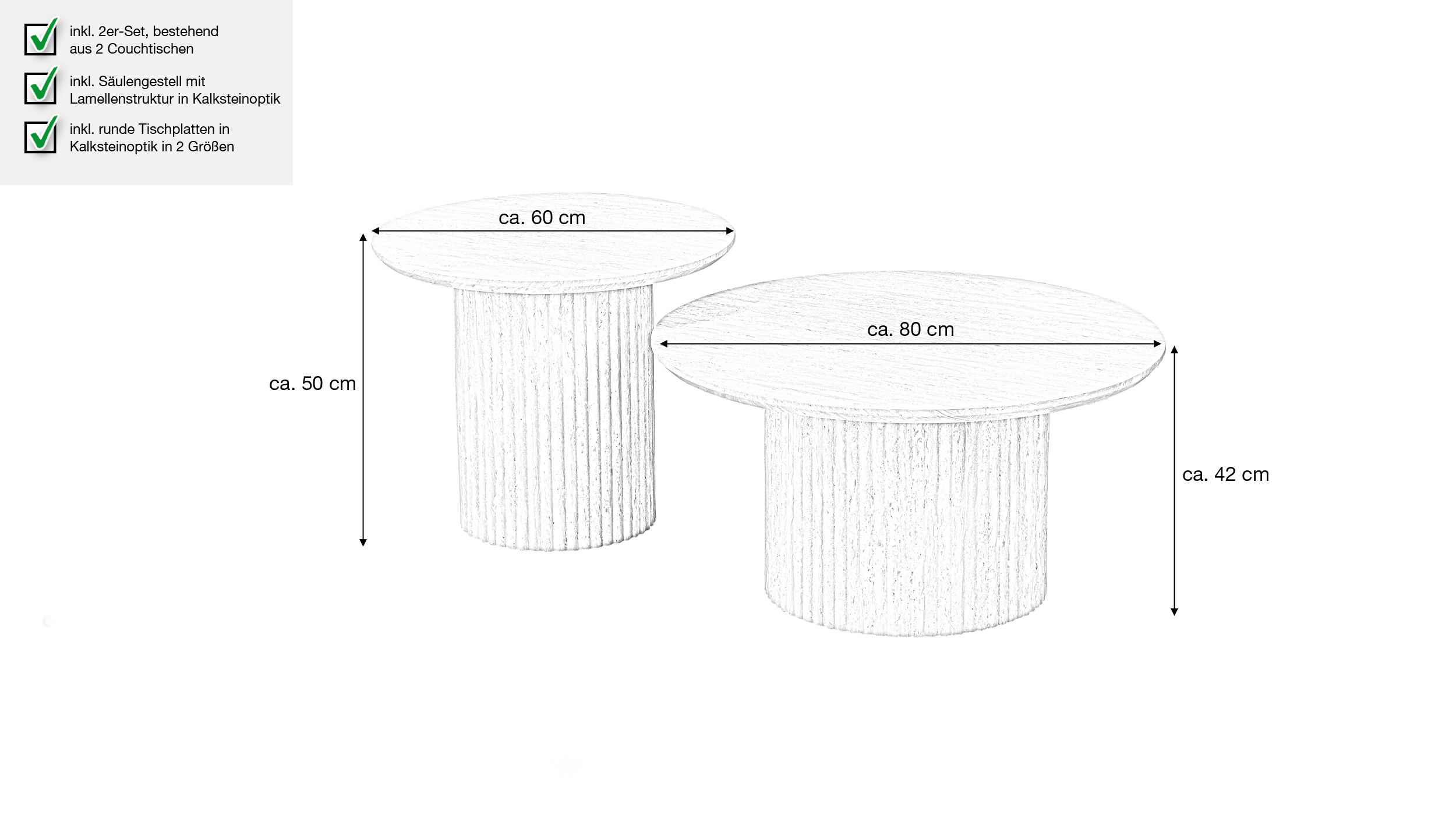 Couchtisch 2er-Set Kalksteinoptik weiß - 80 cm - 60 cm - LIANA