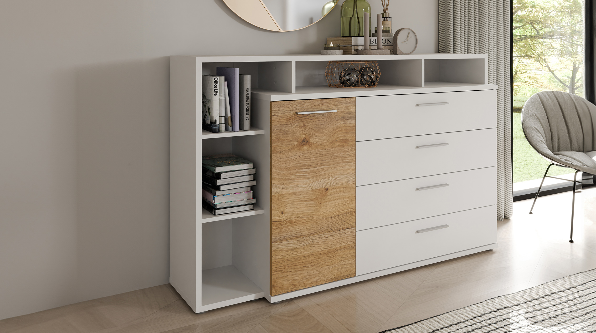 Kommode weiß Artisan Eiche 153 x 42 cm - MAYACUS 