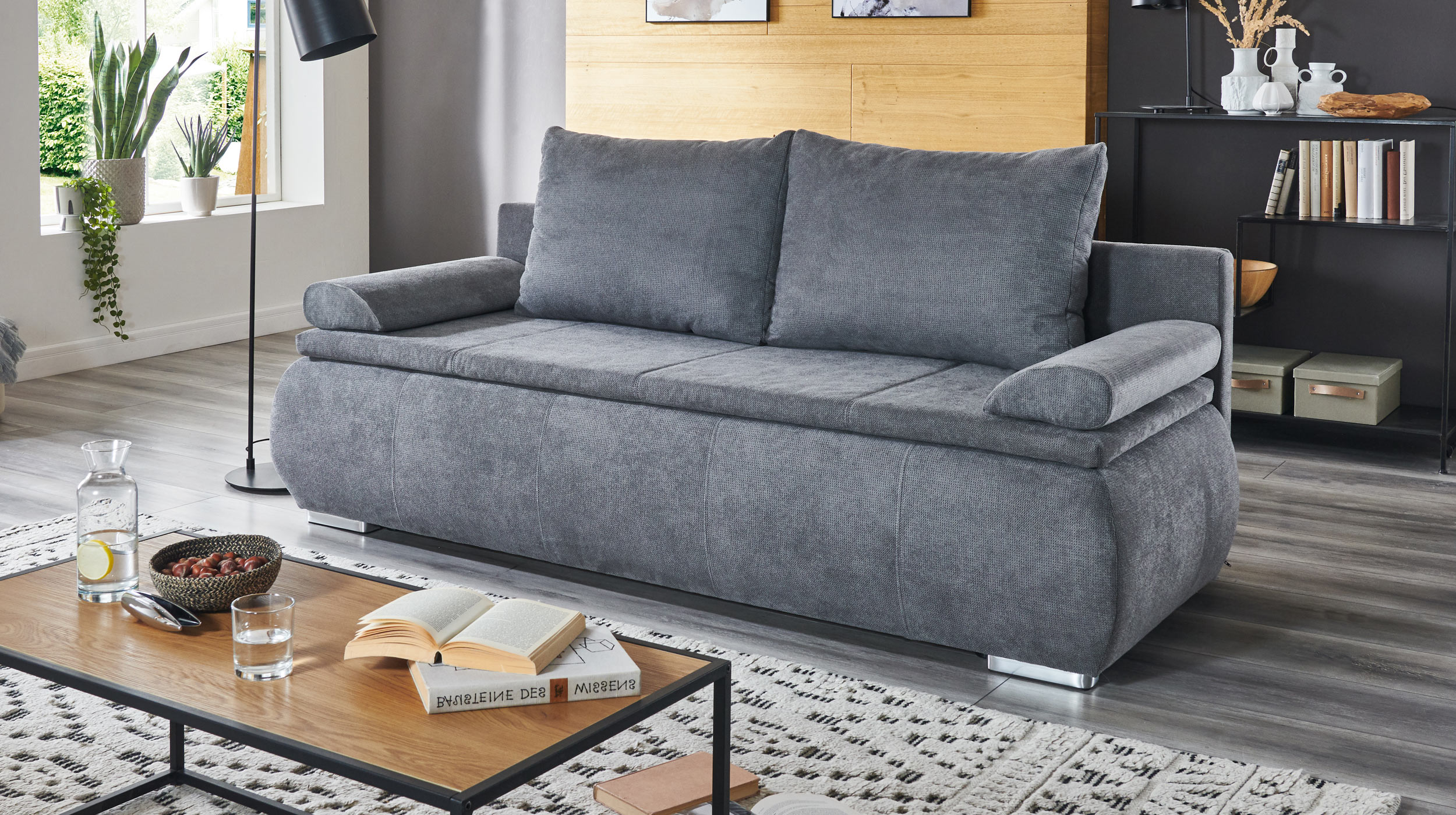 Schlafsofa grau Bettkasten Dauerschläfer Federkern 207 cm - LENON