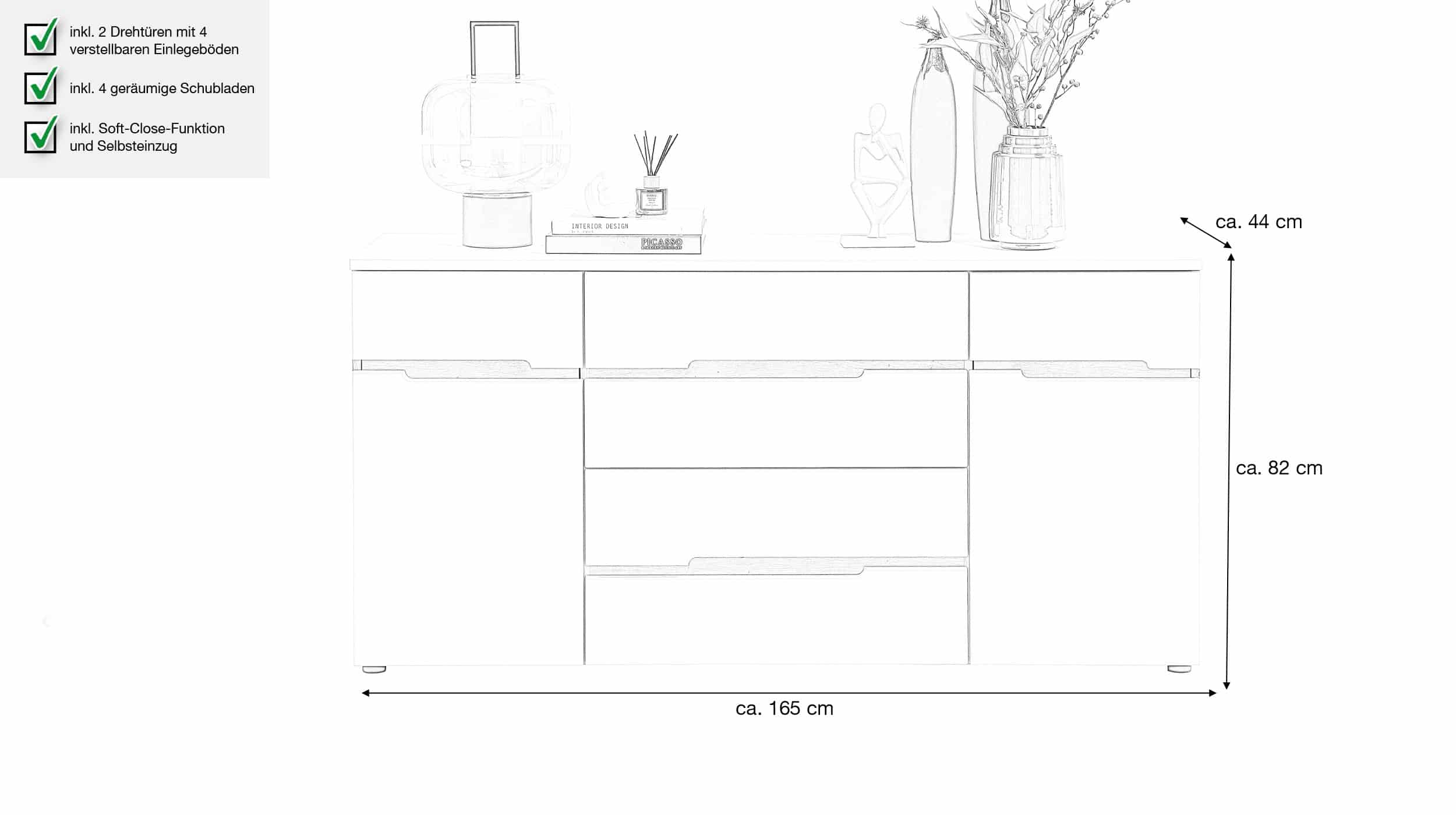 Sideboard mit 4 Schubladen weiß - Artisan Eiche 165 cm - MEMPHIS 