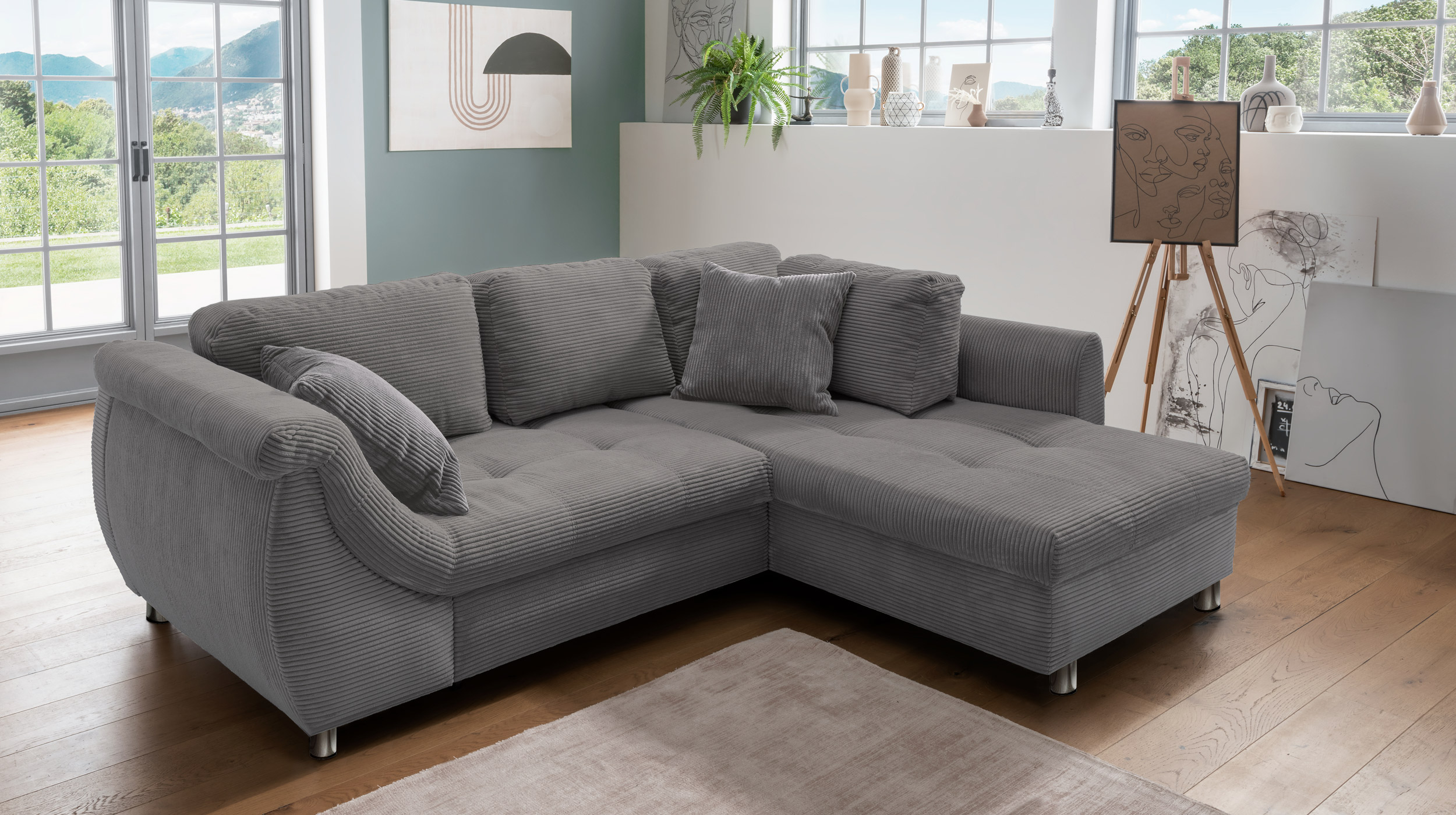 Ecksofa Cord grau Schlaffunktion Bettkasten OT rechts - LUNARO