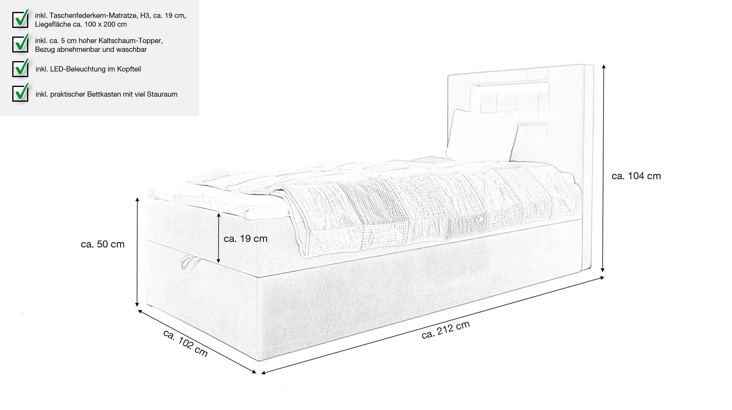 Boxbett 100 x 200 cm mit Bettkasten grau Samtbezug - GOLD