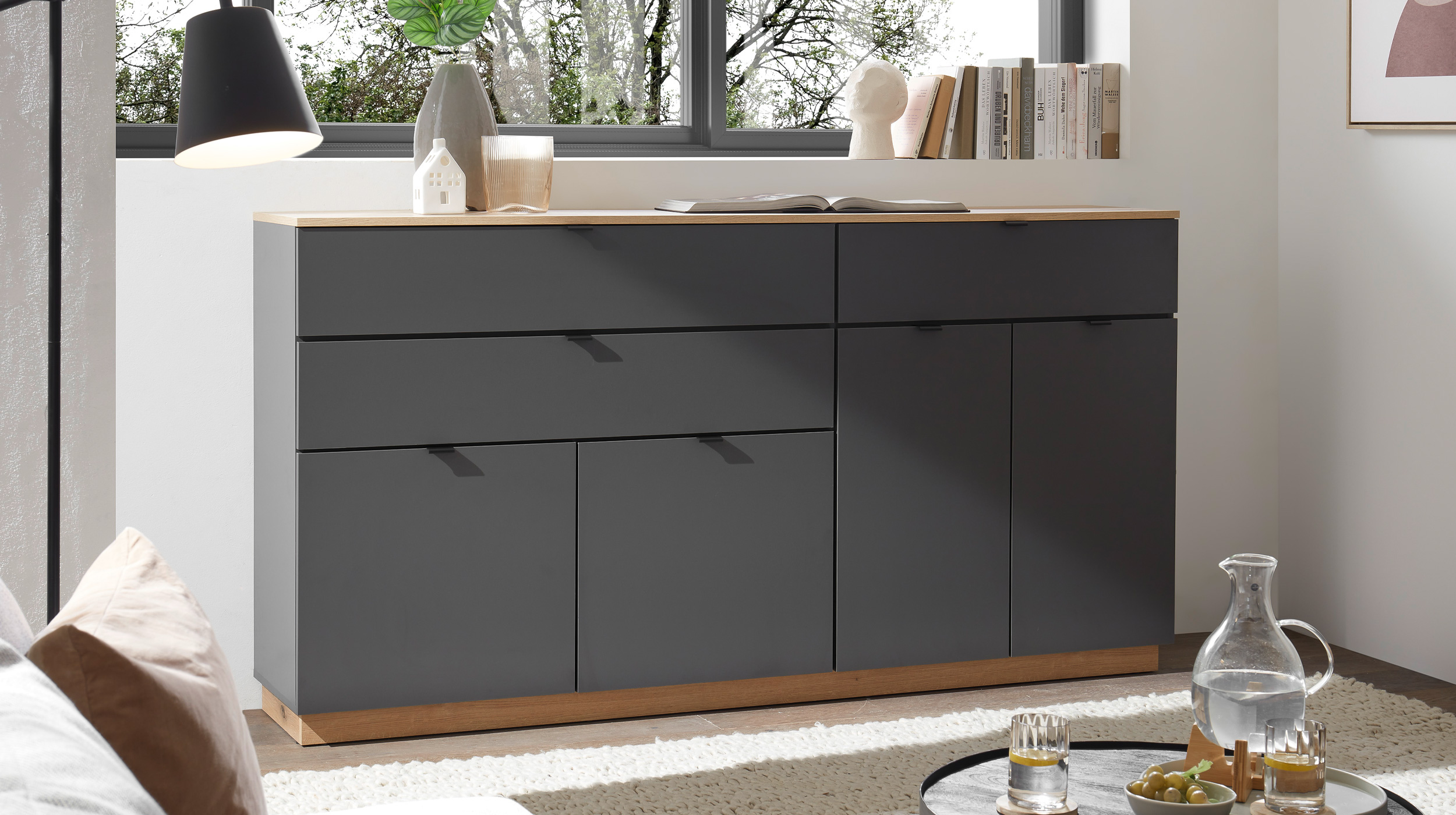 Sideboard mit 3 Schubladen anthrazit - Eiche 191 cm - VINCE