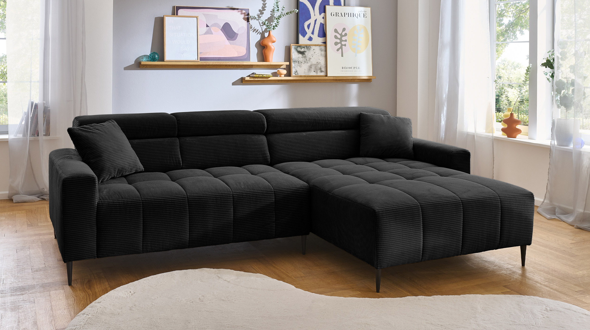 Ecksofa Cord schwarz ausziehbar - Sitztiefenverstellung 256 cm - OT rechts - SIMPLE