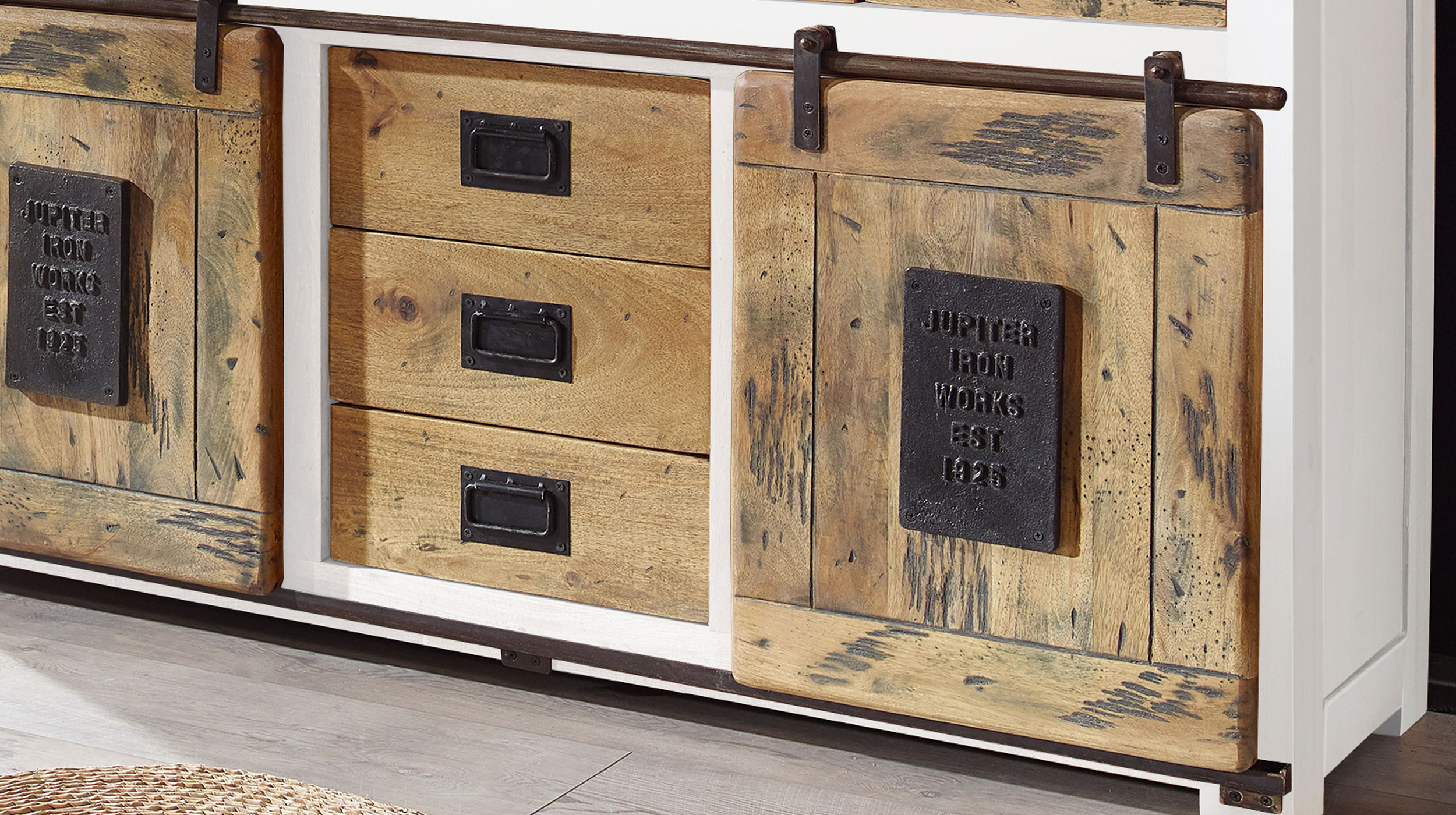 Sideboard mit 2 Rolltüren Mango massiv weiß 150 cm - EMANUEL