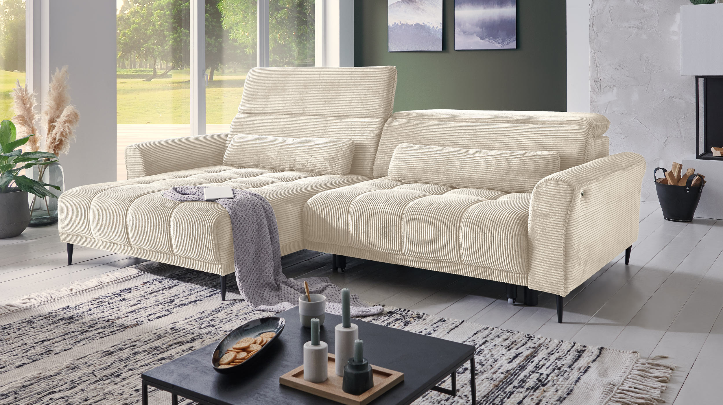 Ecksofa Cord beige ausziehbar - Sitztiefenverstellung - 277 cm - OT links - LOGAN