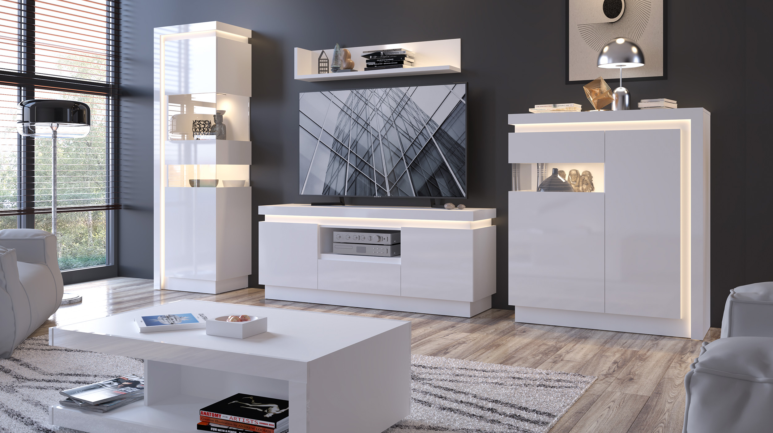 TV - Lowboard mit Beleuchtung weiß Hochglanz160 cm - LYON
