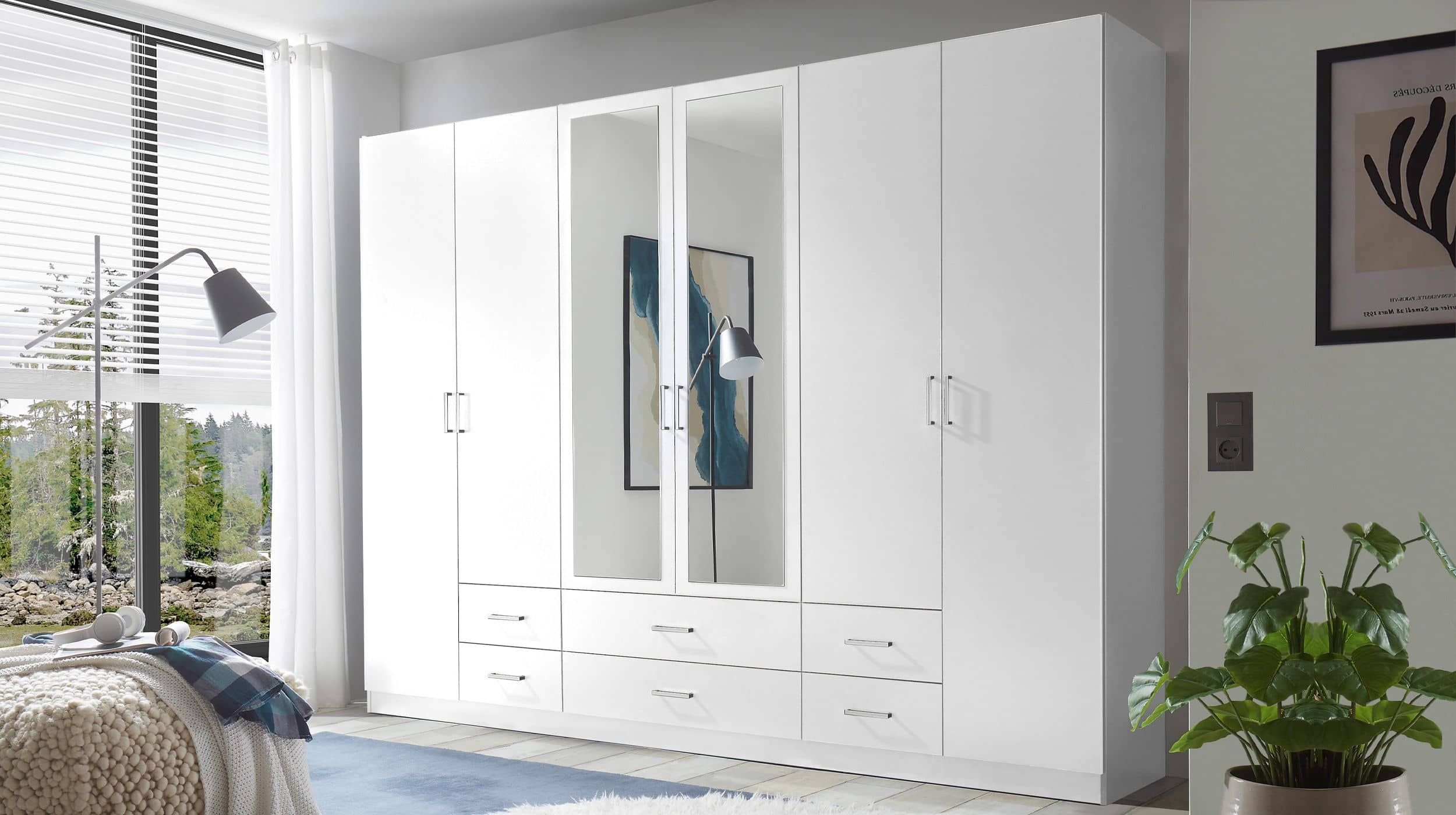 Kleiderschrank weiß mit Spiegel - 271 cm - 6-türig - ELVA