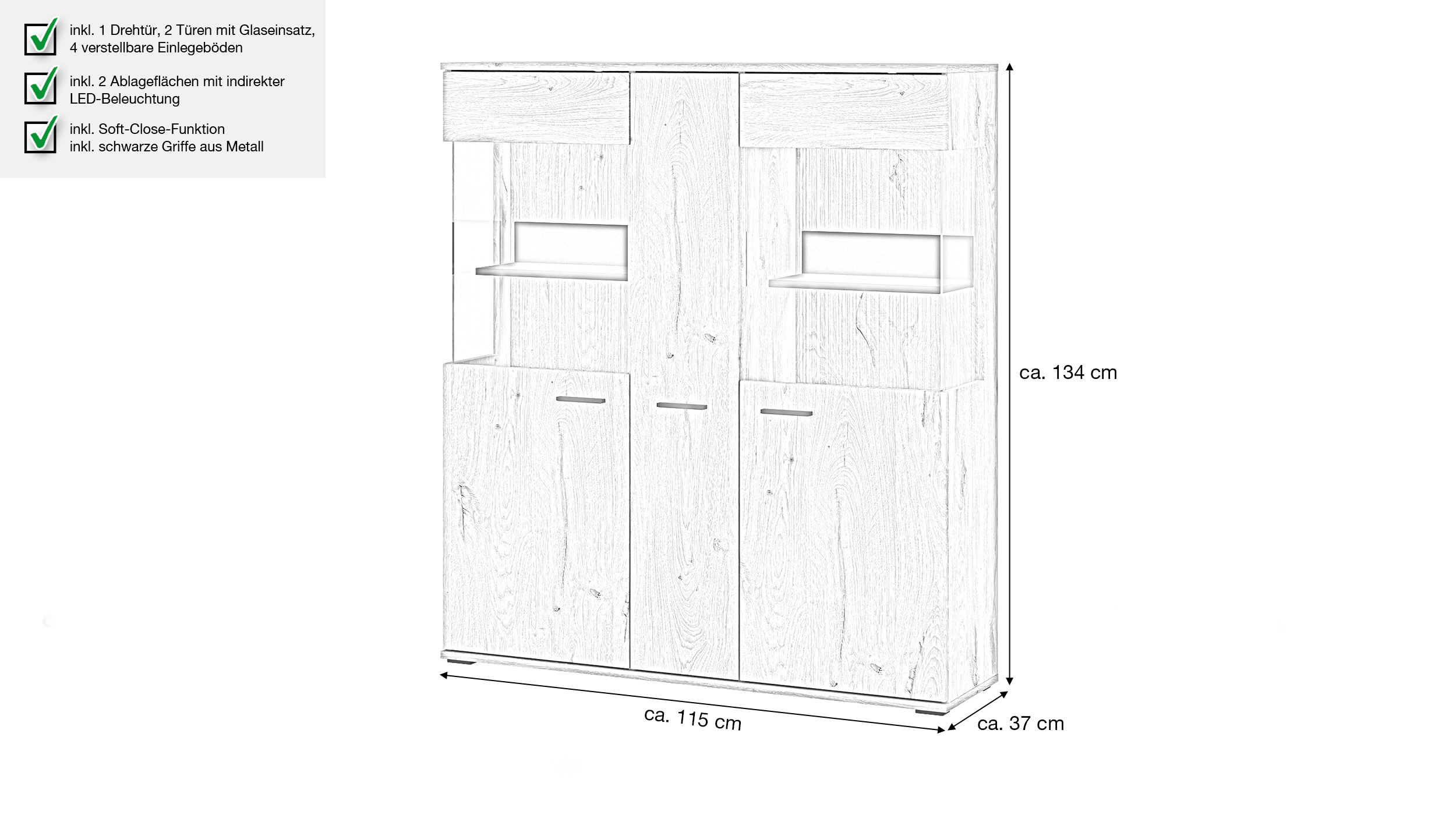 Highboard mit 2 Glastüren Viking Eiche - Beleuchtung 115 cm - PARDOO