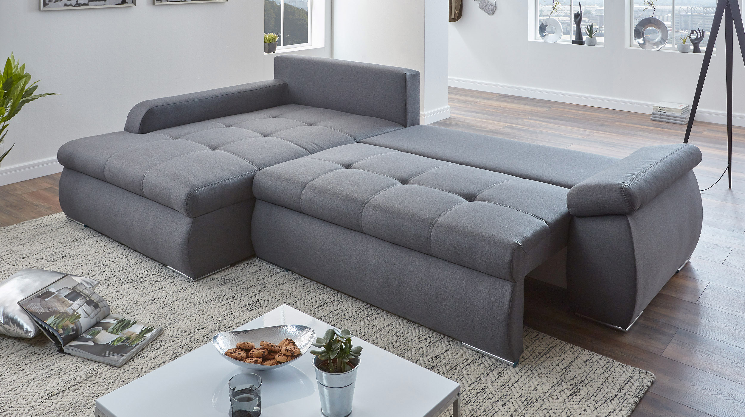 Ecksofa grau 280 x 175 cm Schlaffunktion - RACHEL