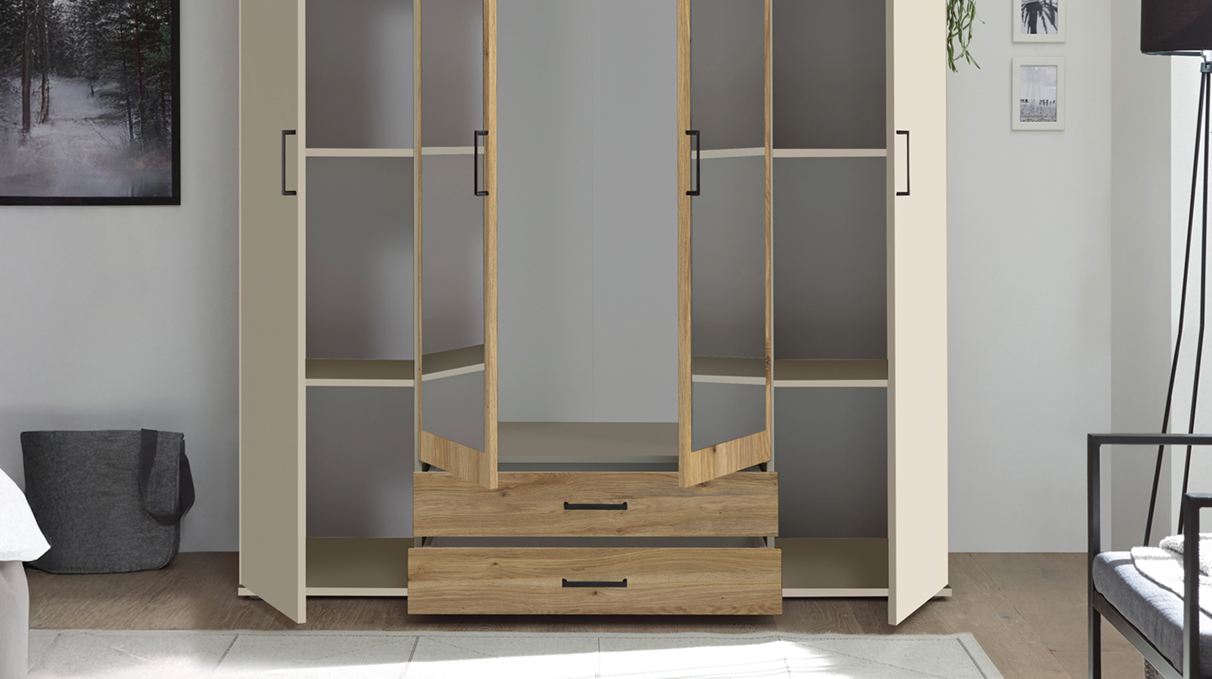 Kleiderschrank mit Spiegel 159 cm - beige - Eiche - 4-türig - CHICAGO