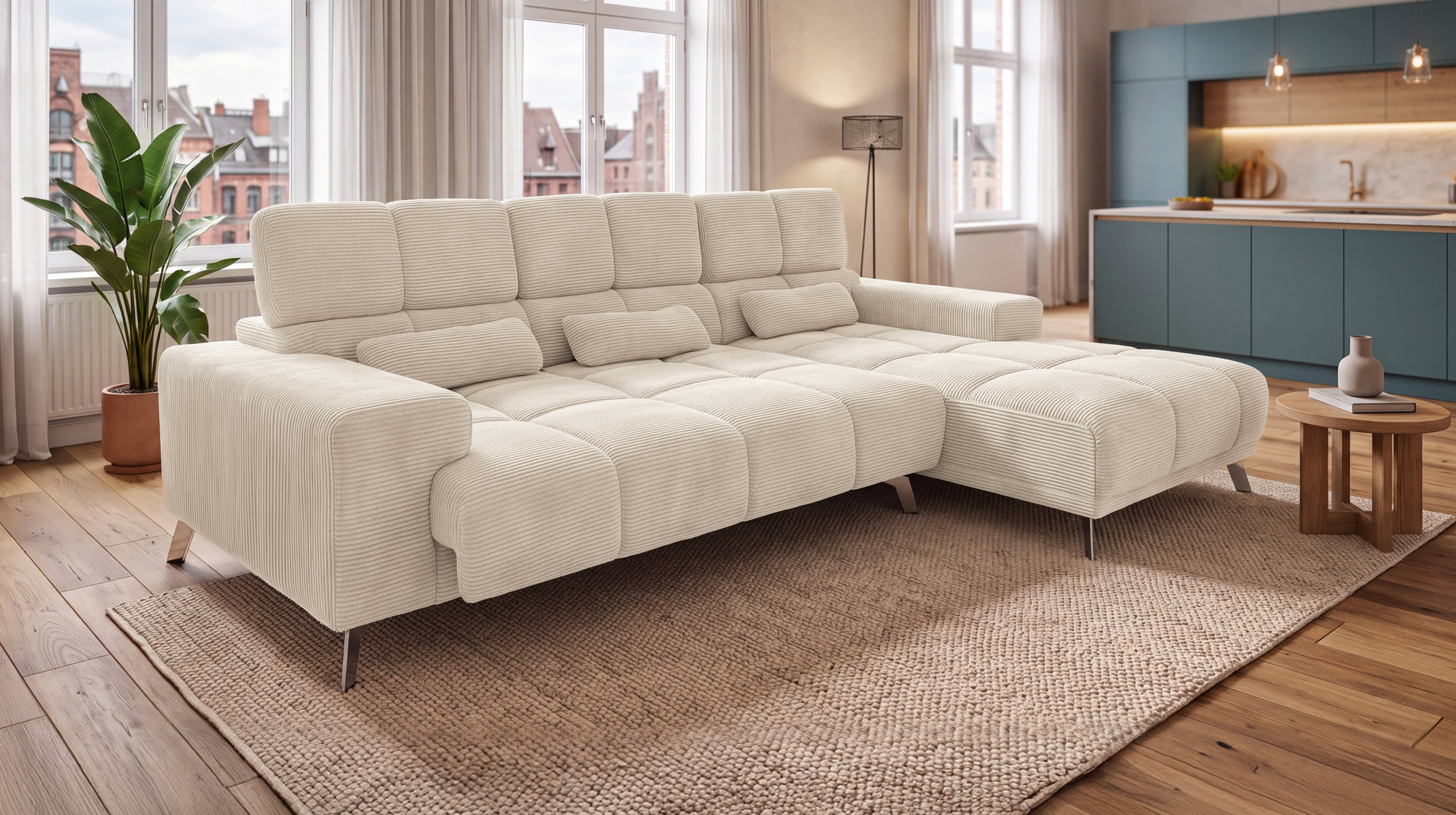 Ecksofa Cord beige elektrisch ausfahrbar 285 cm - OT rechts - SPEED