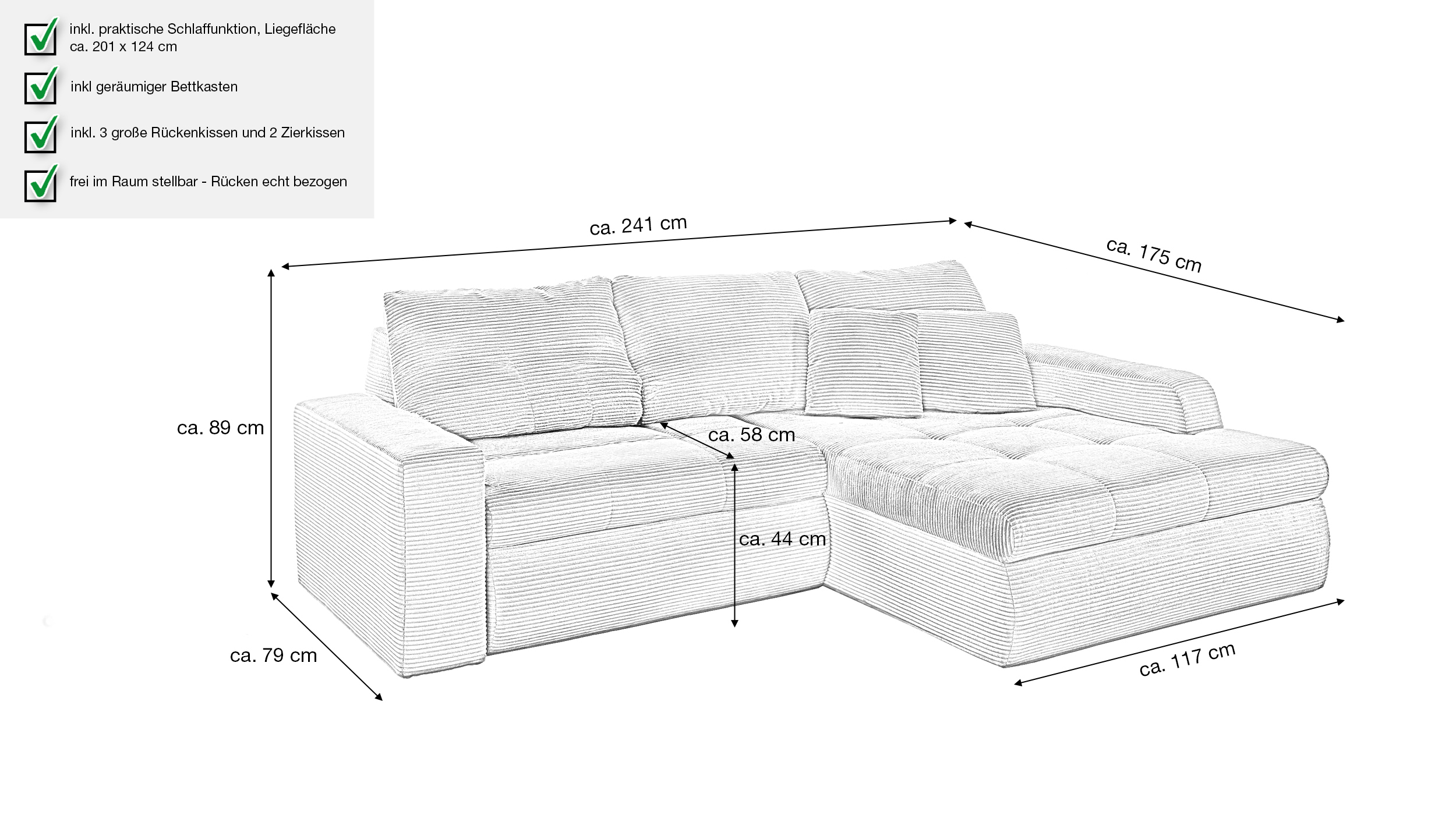 Ecksofa Cord Schlaffunktion Bettkasten grau 241 cm - OT rechts - LUNO