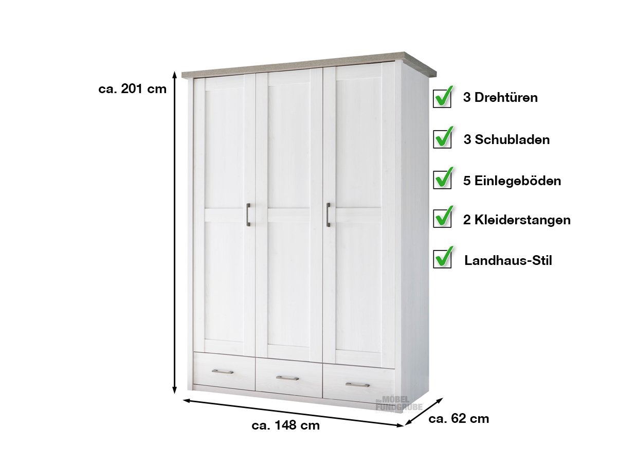 Kleiderschrank Pinie weiß - Trüffel - 148 cm - Landhaus LUCA