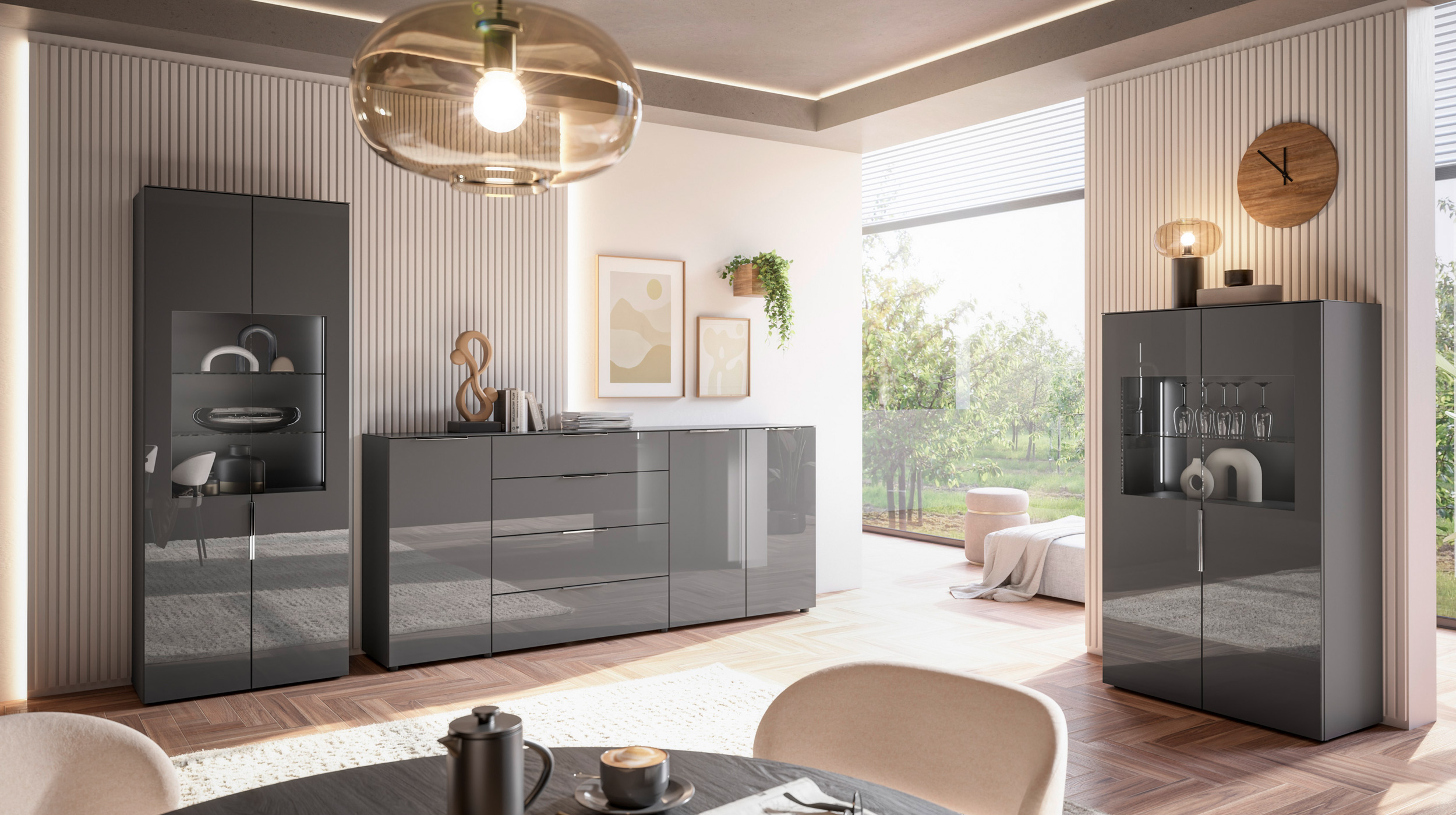 Vitrine mit Beleuchtung anthrazit - Glasfront - Breite 90 cm - SANTORIN