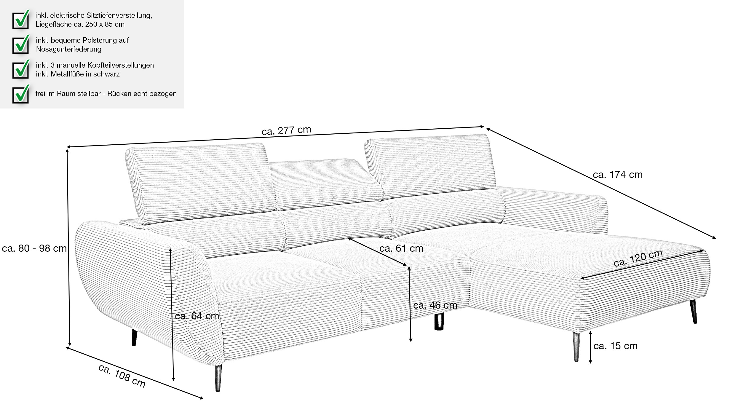 Ecksofa beige Cord elektrisch ausfahrbar 277 cm - OT rechts - AVELINO