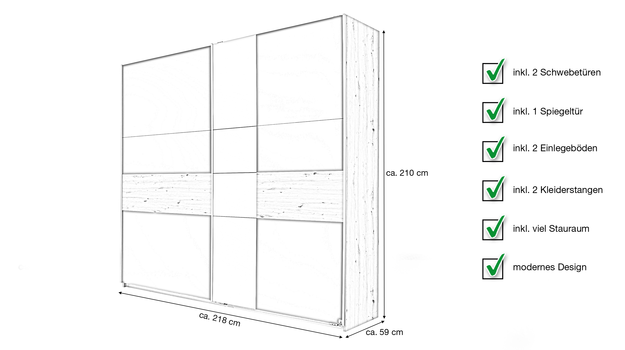 Schwebetürenschrank - Spiegel grau Eiche 218 cm - rauch - BOSTON