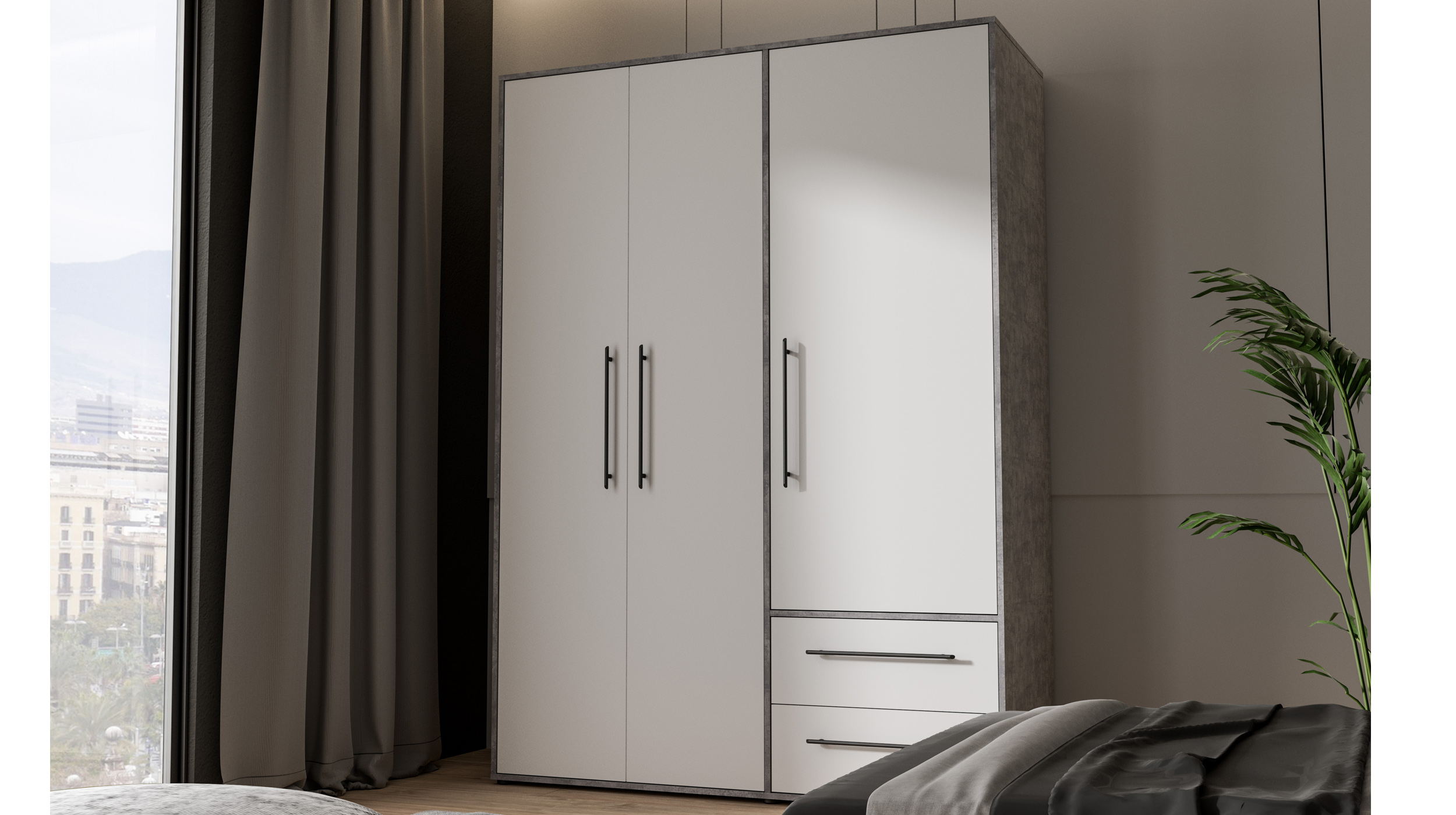 Kleiderschrank weiß - betonoptik - 144 cm - 3 Türen - MOKKARIS