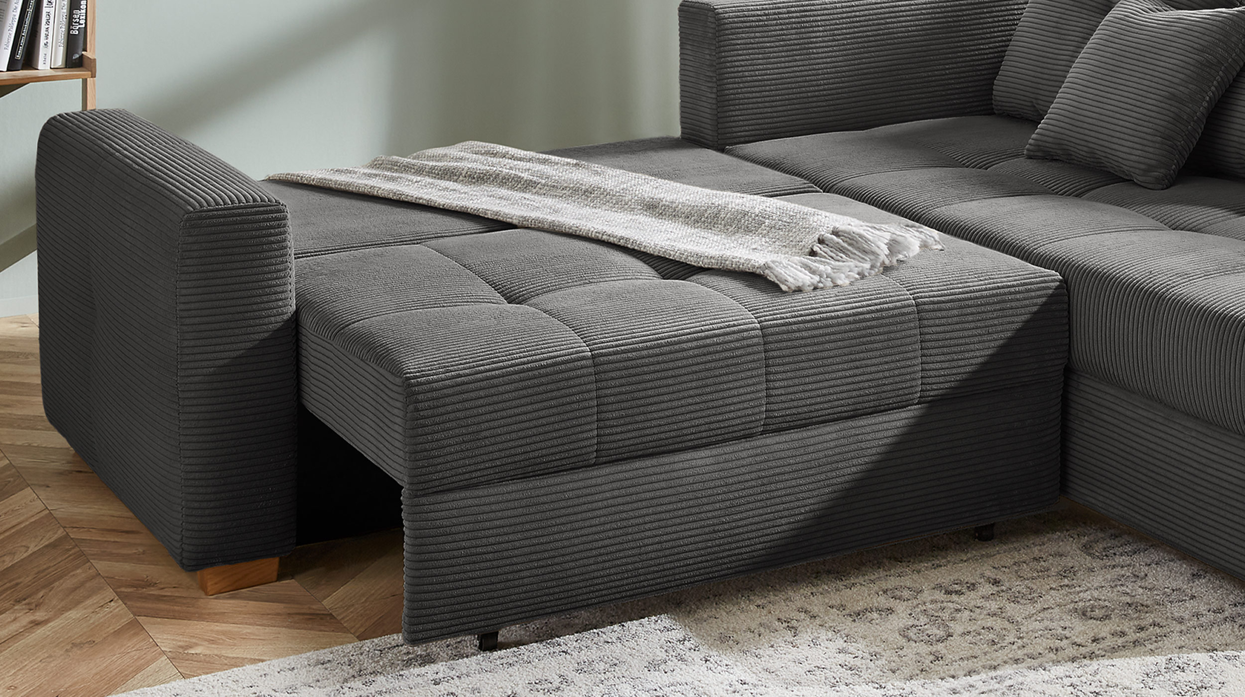 Ecksofa Cord dunkelgrau - Schlaffunktion Bettkasten 228 cm - HEIDELBERG