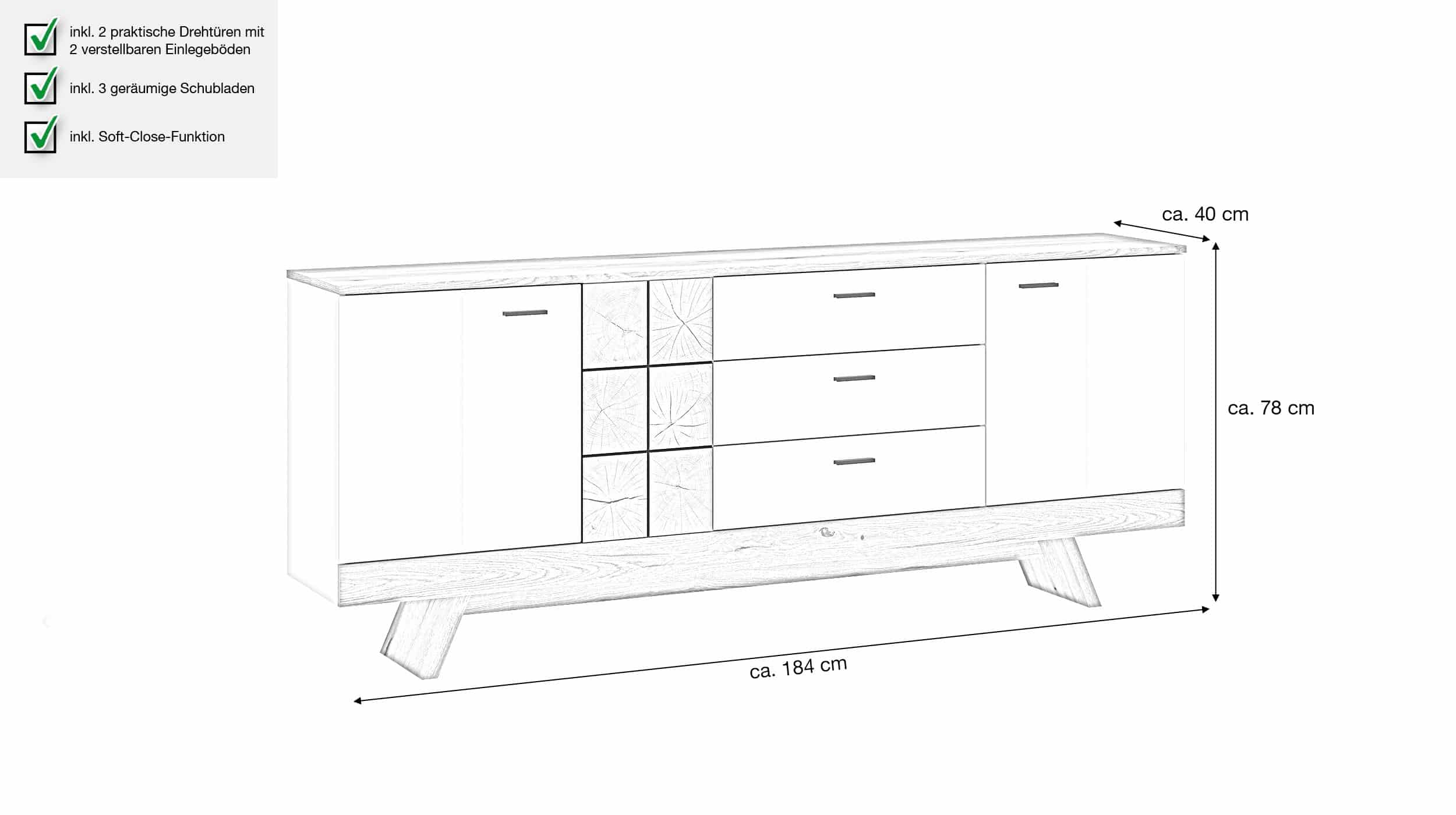 Sideboard mit 3 Schubladen weiß Hochglanz - Eiche 184 cm - ORETA