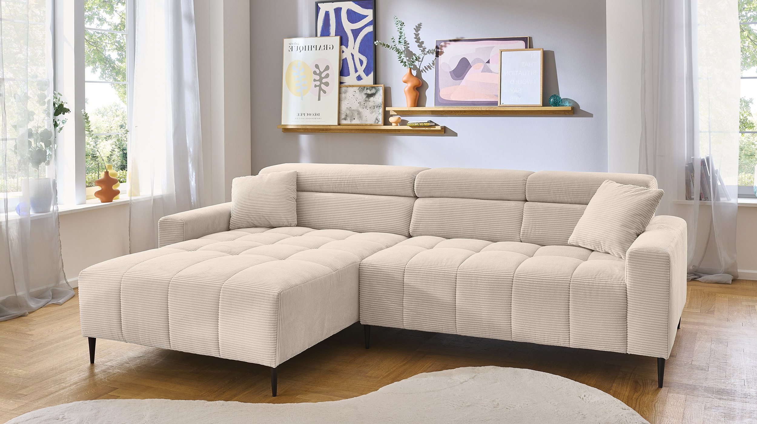Ecksofa Cord beige ausziehbar - Sitztiefenverstellung 256 cm - OT links - SIMPLE  Ecksofa Cord beige ausziehbar - Sitztiefenverstellung 256 cm - OT links - SIMPLE