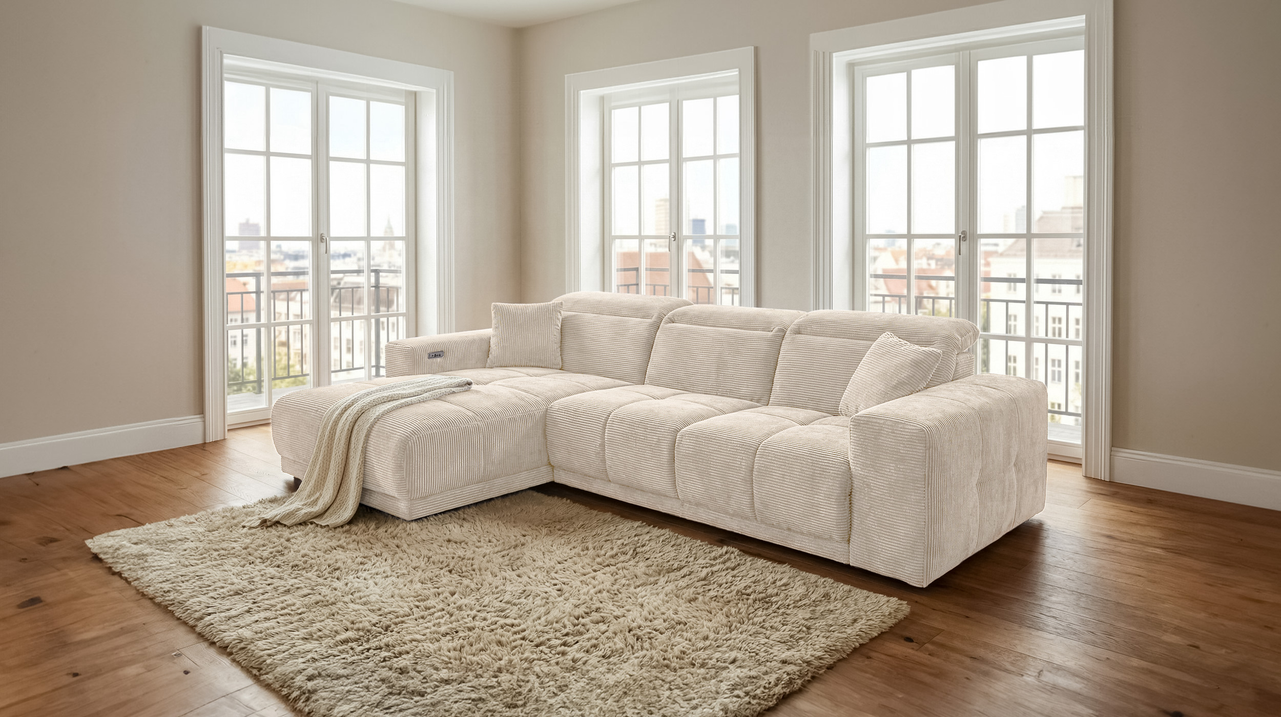 Ecksofa Cord beige 302 x 167 cm mit Relaxfunktion - OT links - TONI