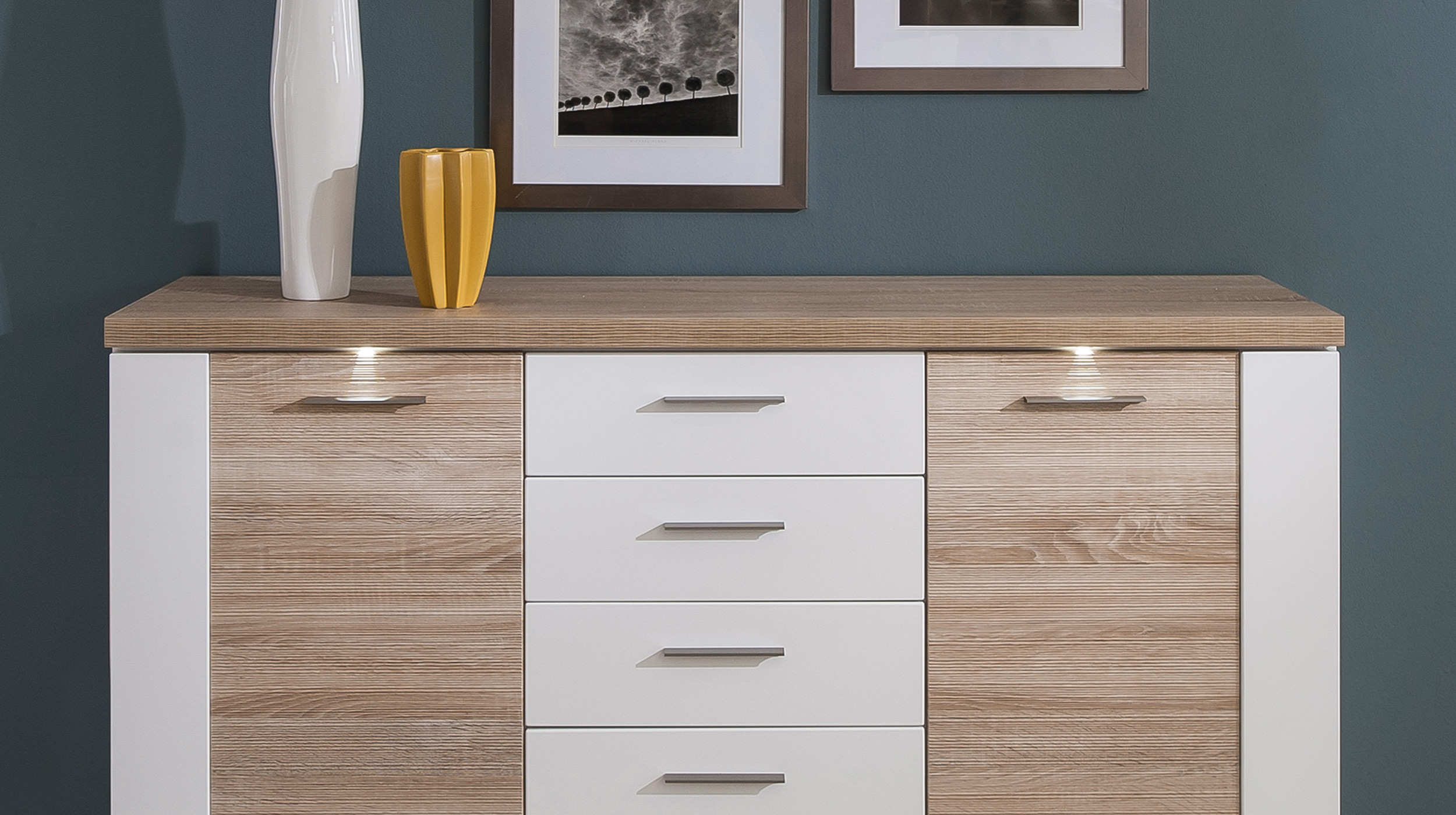 Sideboard mit Beleuchtung Eiche - weiß hochglanz 156 cm - MANHATTAN