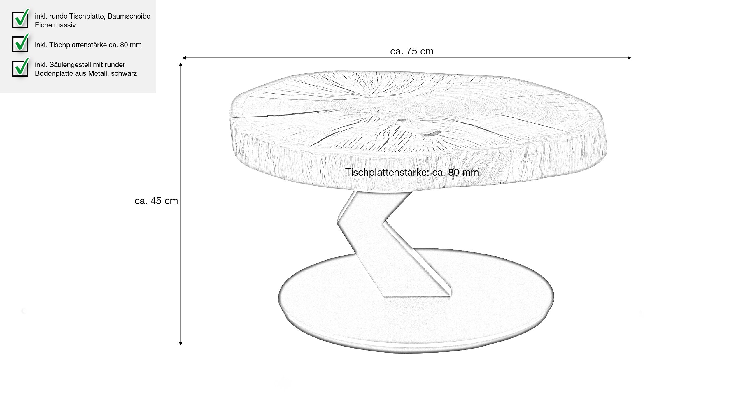 Couchtisch rund Baumscheibe Eiche massiv 75 x 45 cm - BILOXI