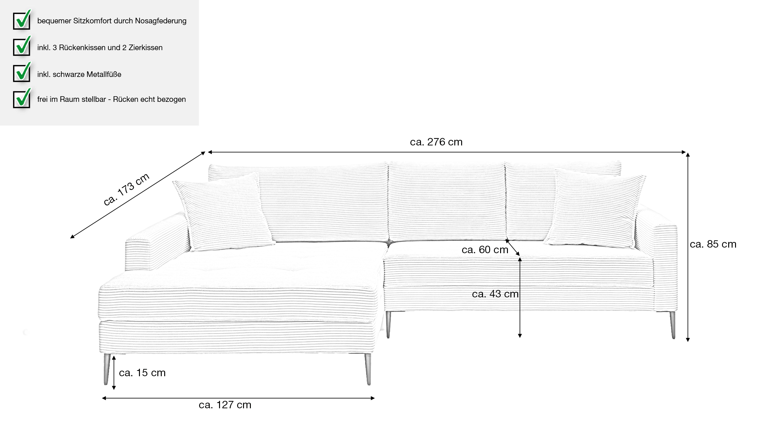 Ecksofa Cord grün 276 x 173 cm - OT links - SUMMER