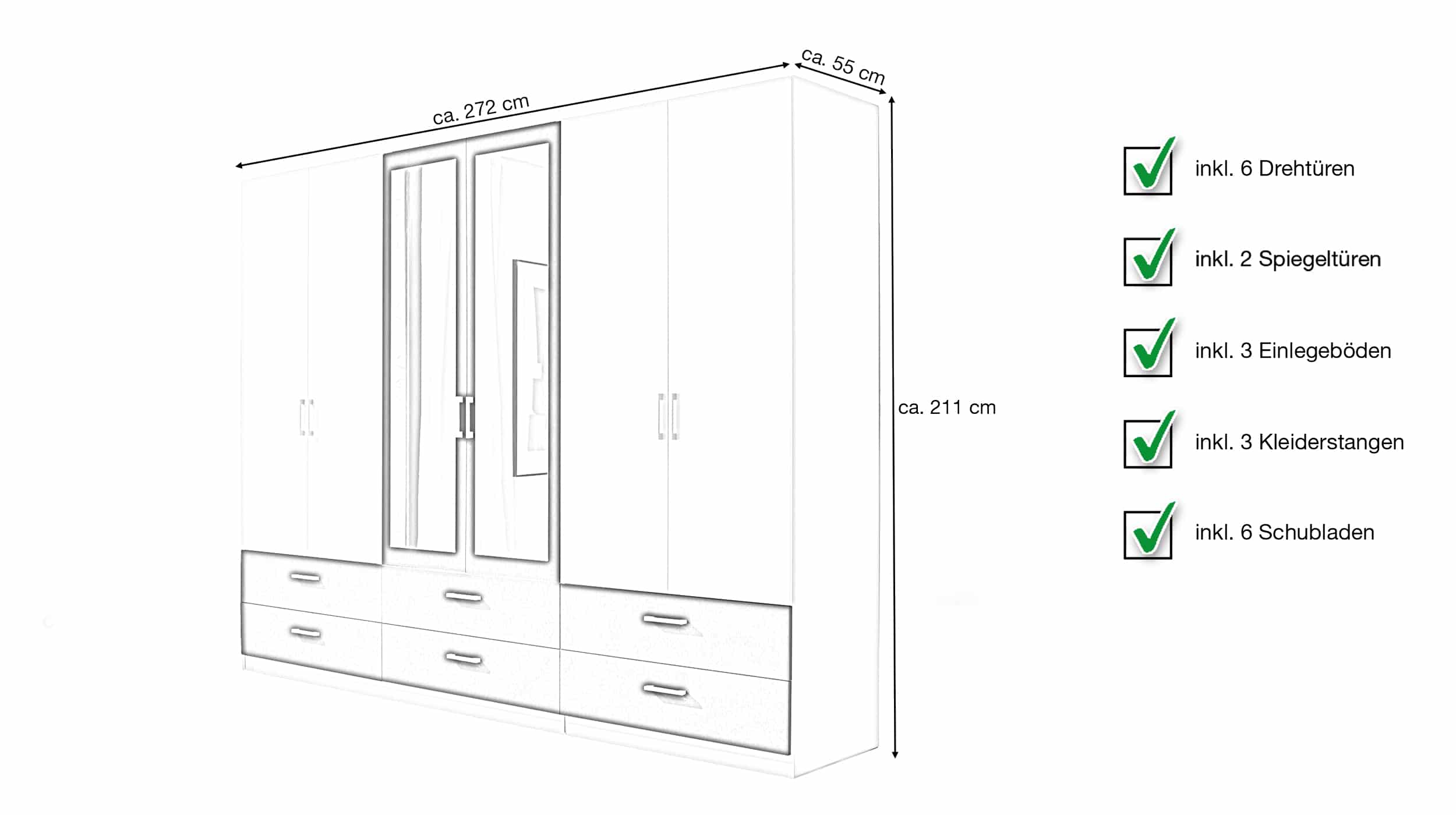 Kleiderschrank mit Spiegel 272 cm weiß 6-türig - JANNE