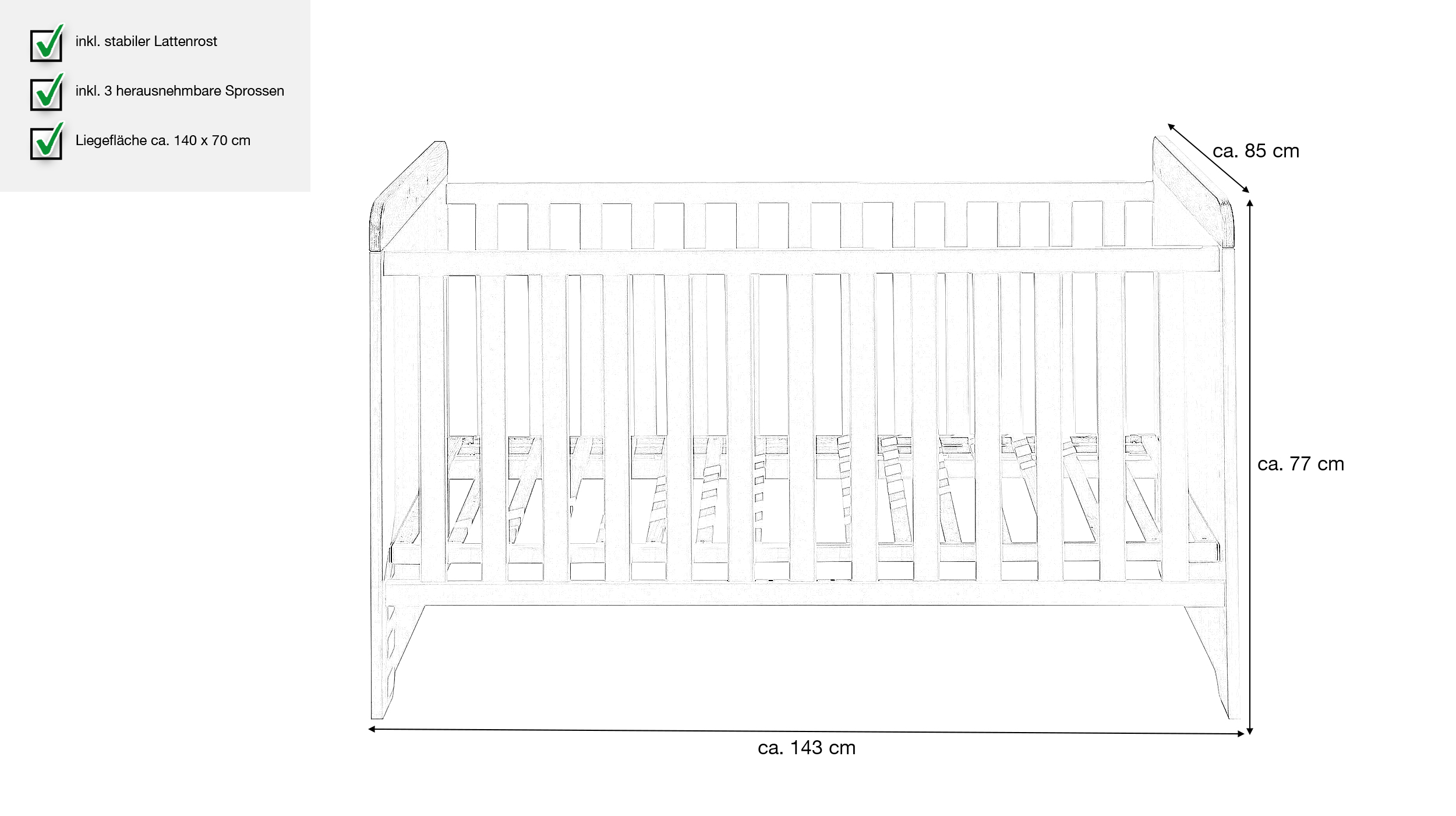 Kinderbett Babybett 70 x 140 cm weiß Anderson Pinie - JASMIN 