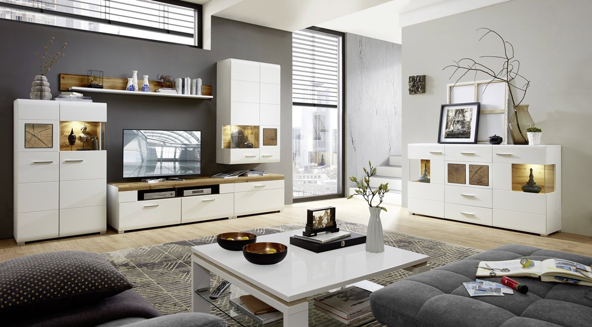 Wohnwand weiß - Eiche - 320 cm - LED-Beleuchtung - FUN PLUS