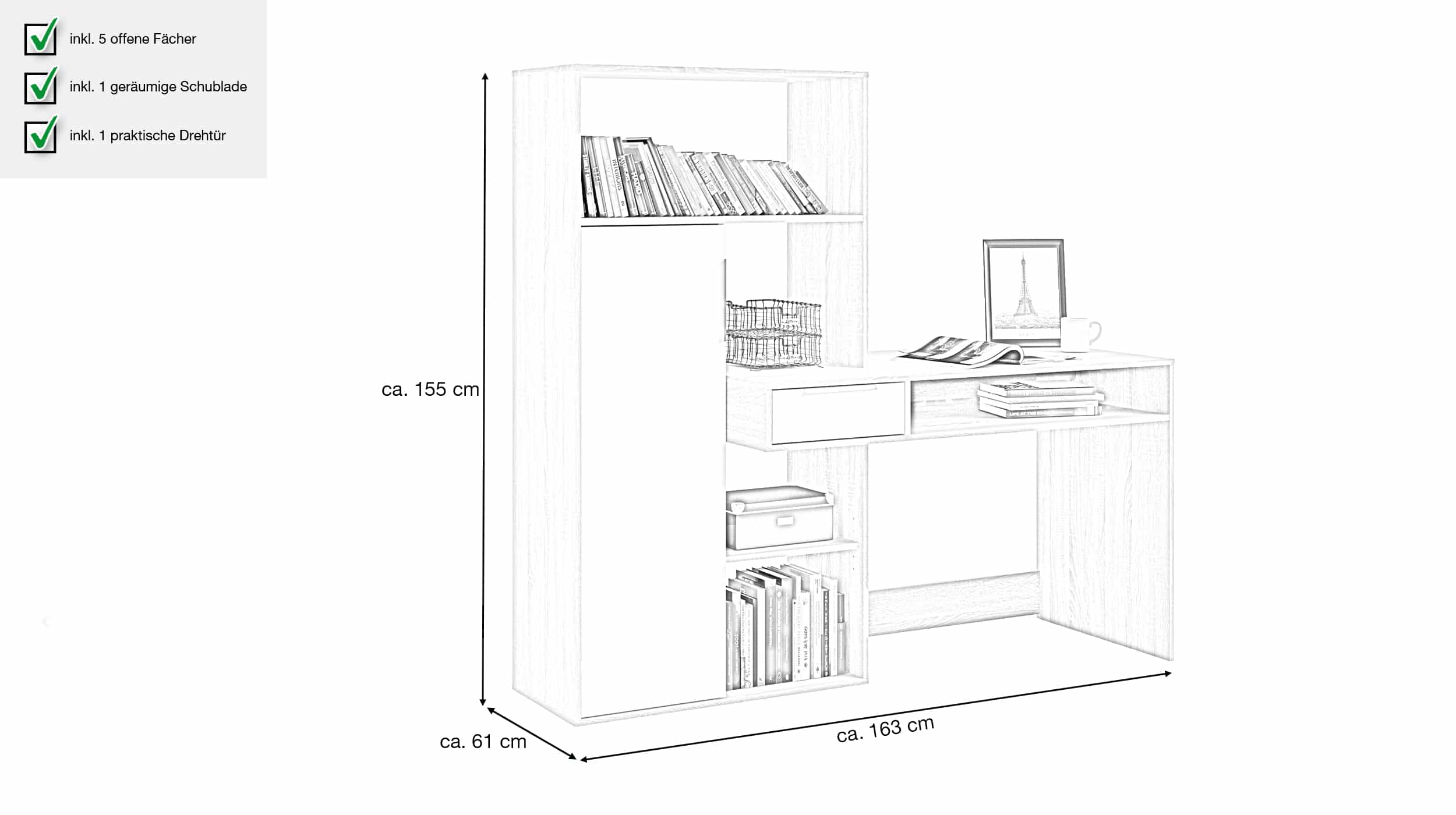 Computerschreibtisch Eiche - weiß 163 cm - FUNCTION PLUS