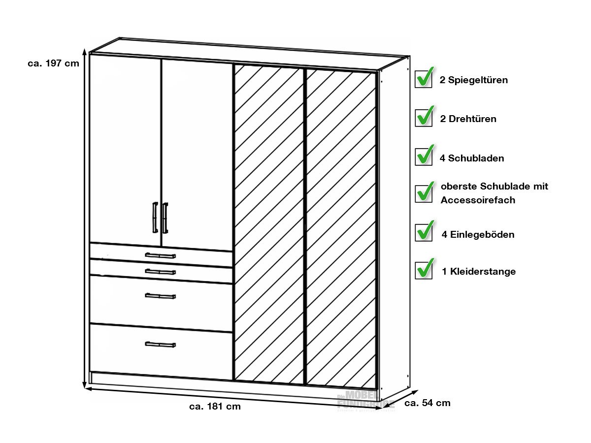 Kleiderschrank mit Spiegel - hochglanz grau - 181 cm - rauch - HOMBURG