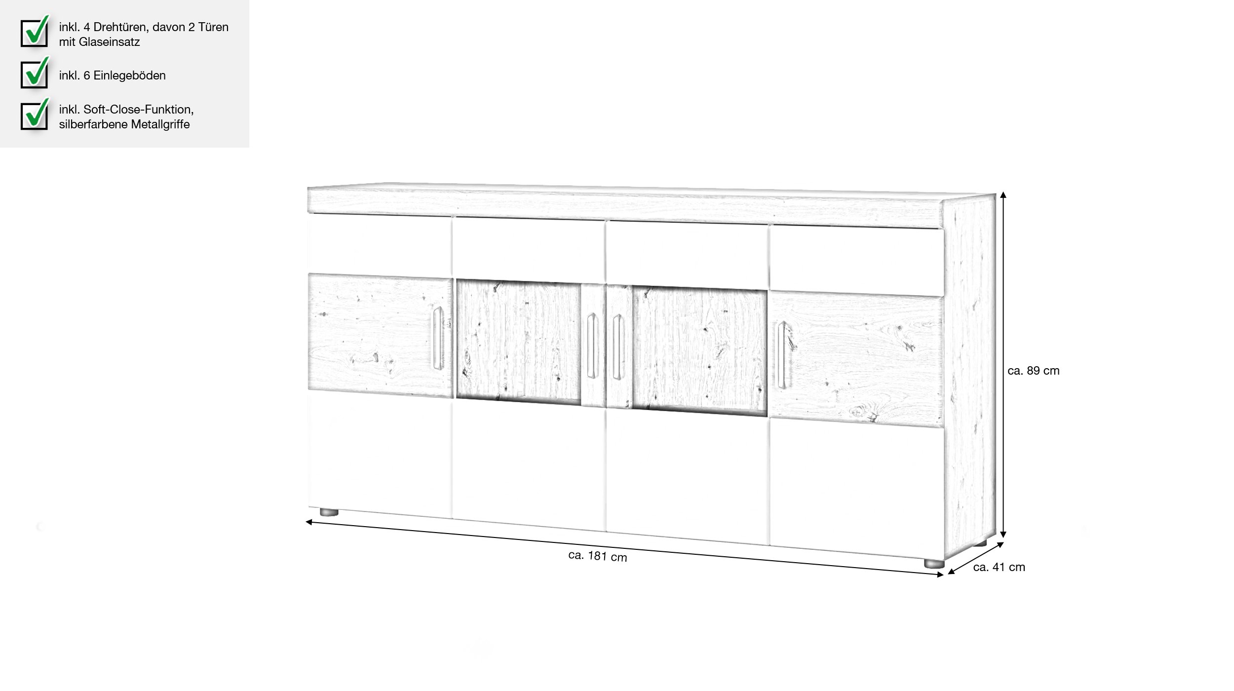 Sideboard Artisan Eiche - weiß hochglanz 181 cm - AGORDO
