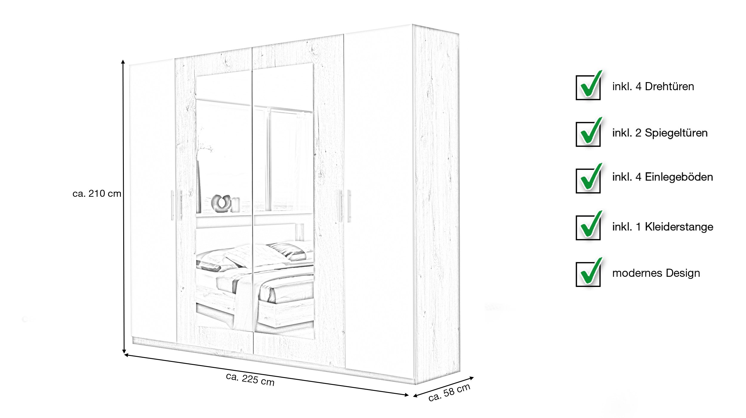 Kleiderschrank mit Spiegel - Plankeneiche - weiß - 225 cm - NORA