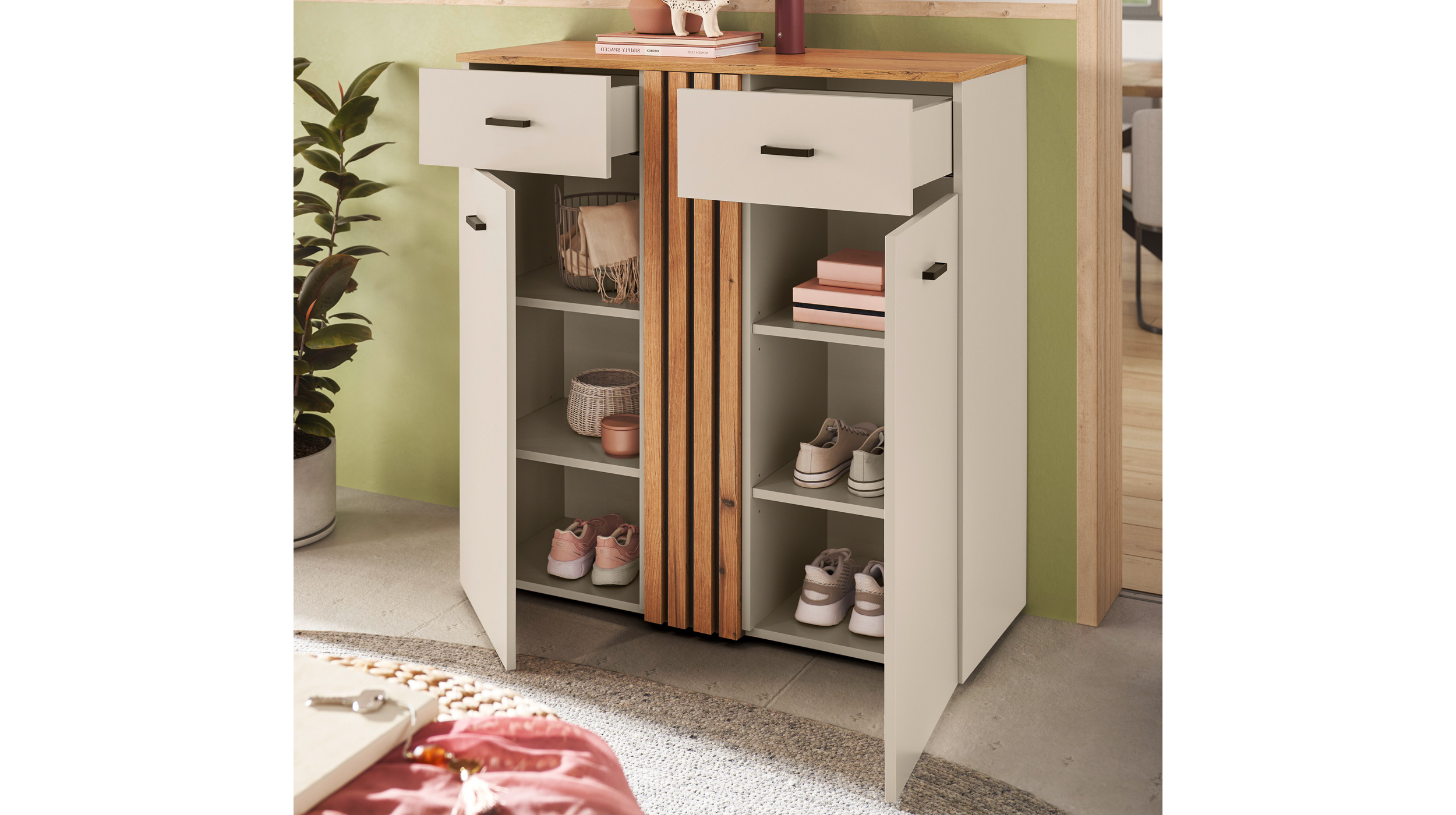 Schuhschrank mit Schubladen beige Evok Eiche 100 cm - LITUMO 