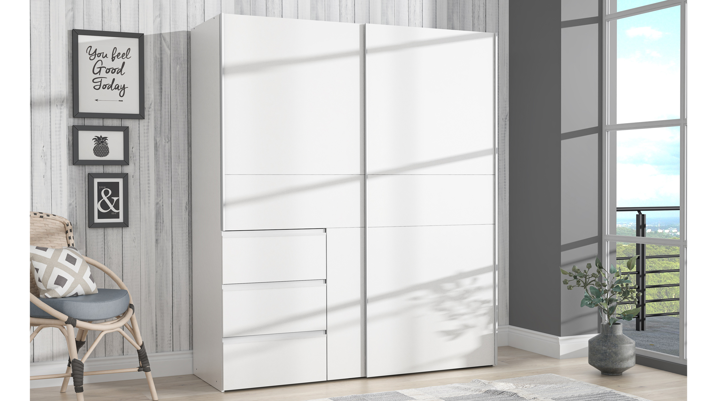 Schwebetürenschrank weiß Kleiderschrank 170 cm - WINN