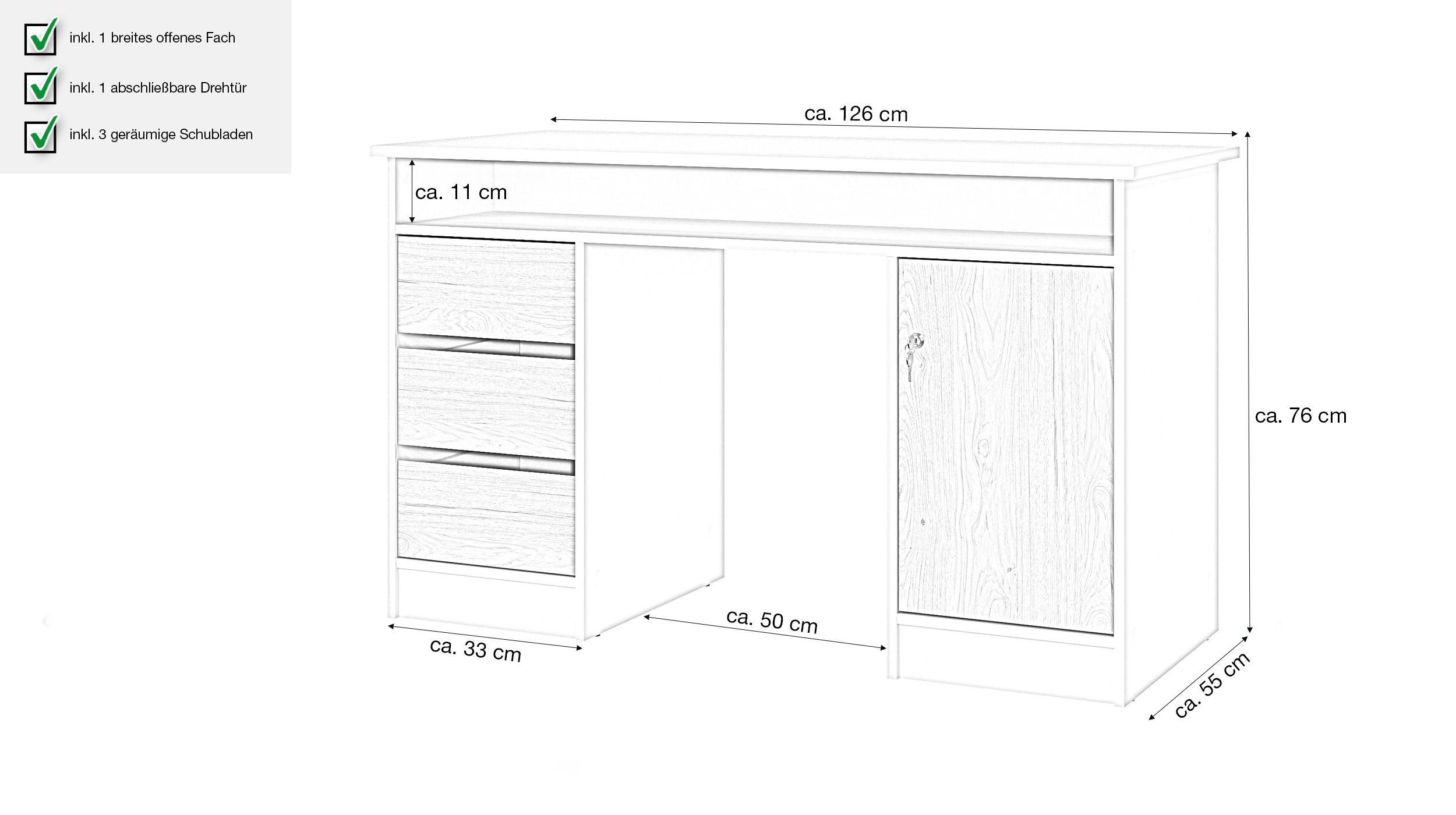 Computerschreibtisch weiß Eiche 126 x 55 cm - FUNCTION