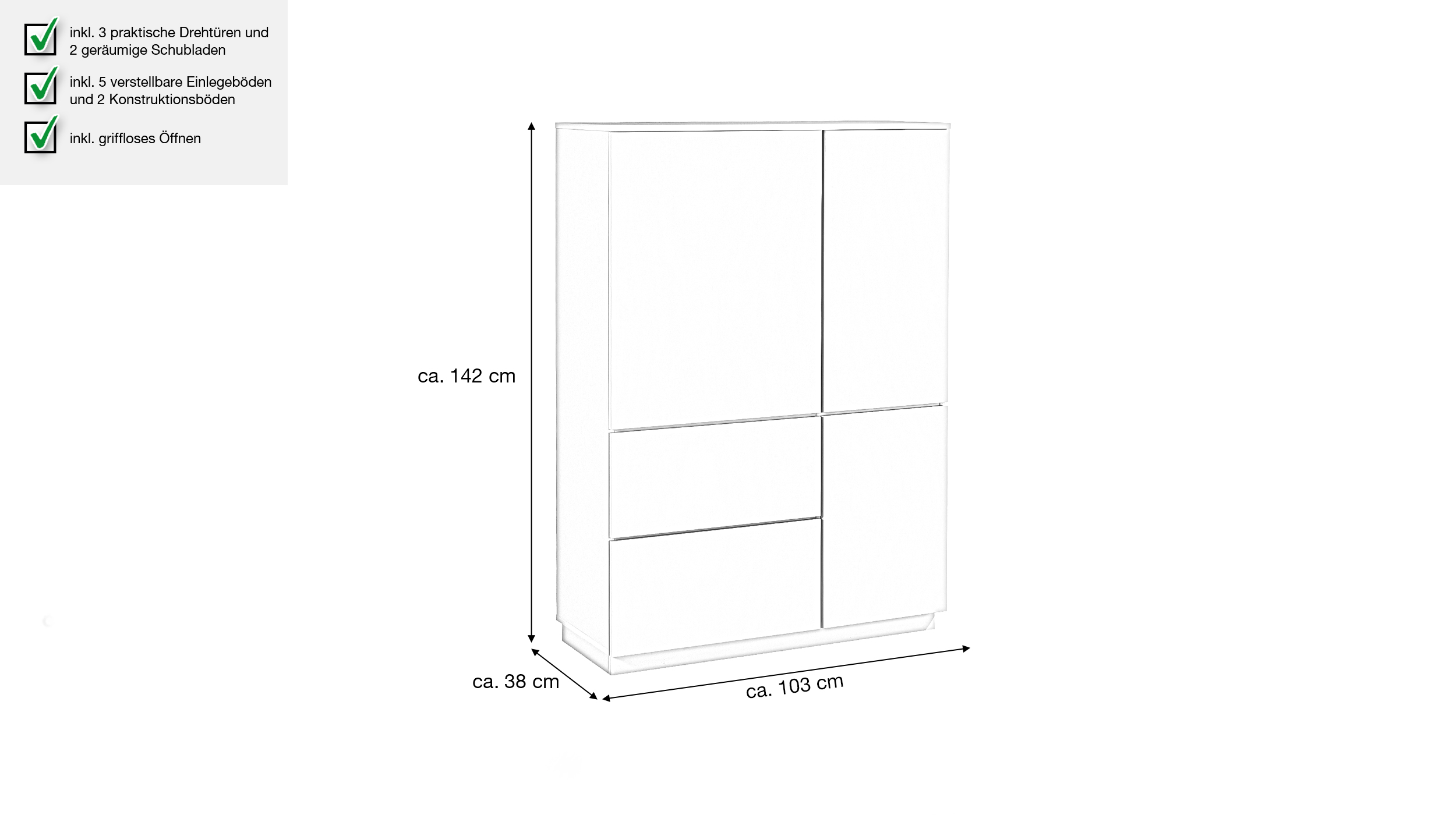 Highboard 3 Türen 2 Schubladen beige 103 cm - VINCE