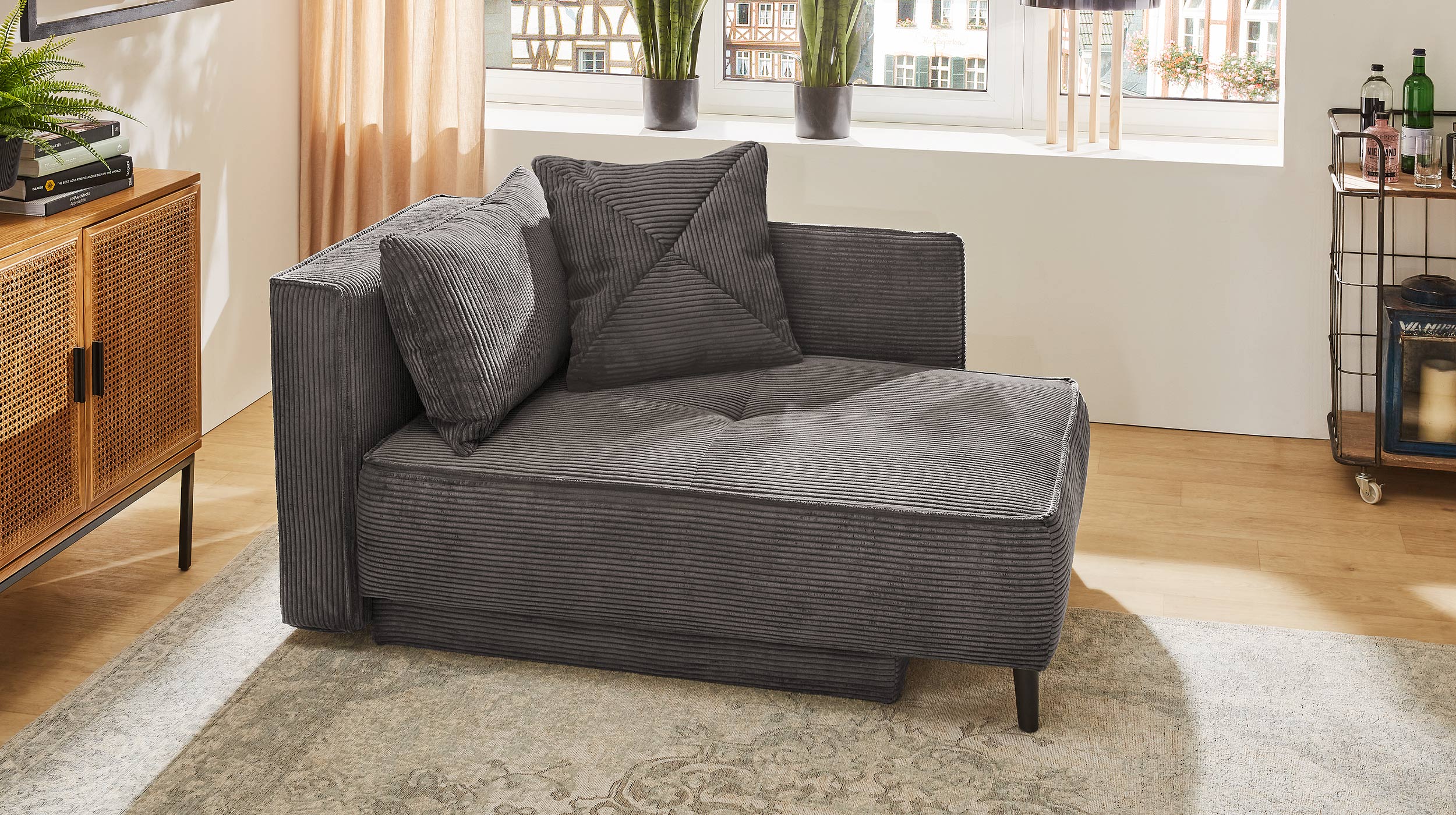 Einzelsofa Cord grau 155 cm Recamiere mit Schlaffunktion - REX