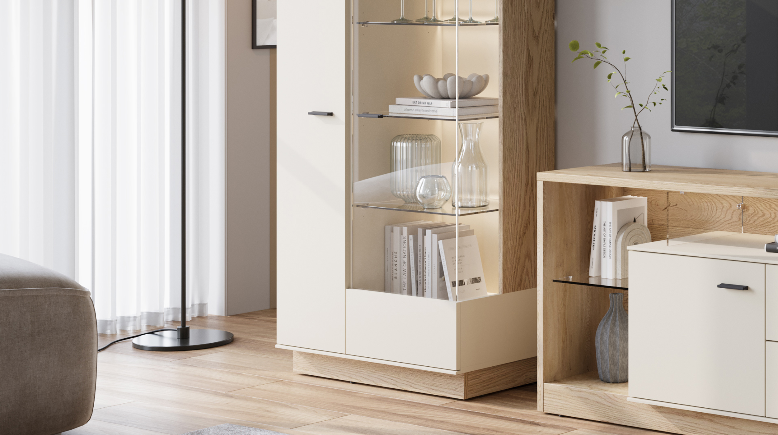 Vitrine mit Glastür beige - Eiche - Breite 75 cm - MEOLO