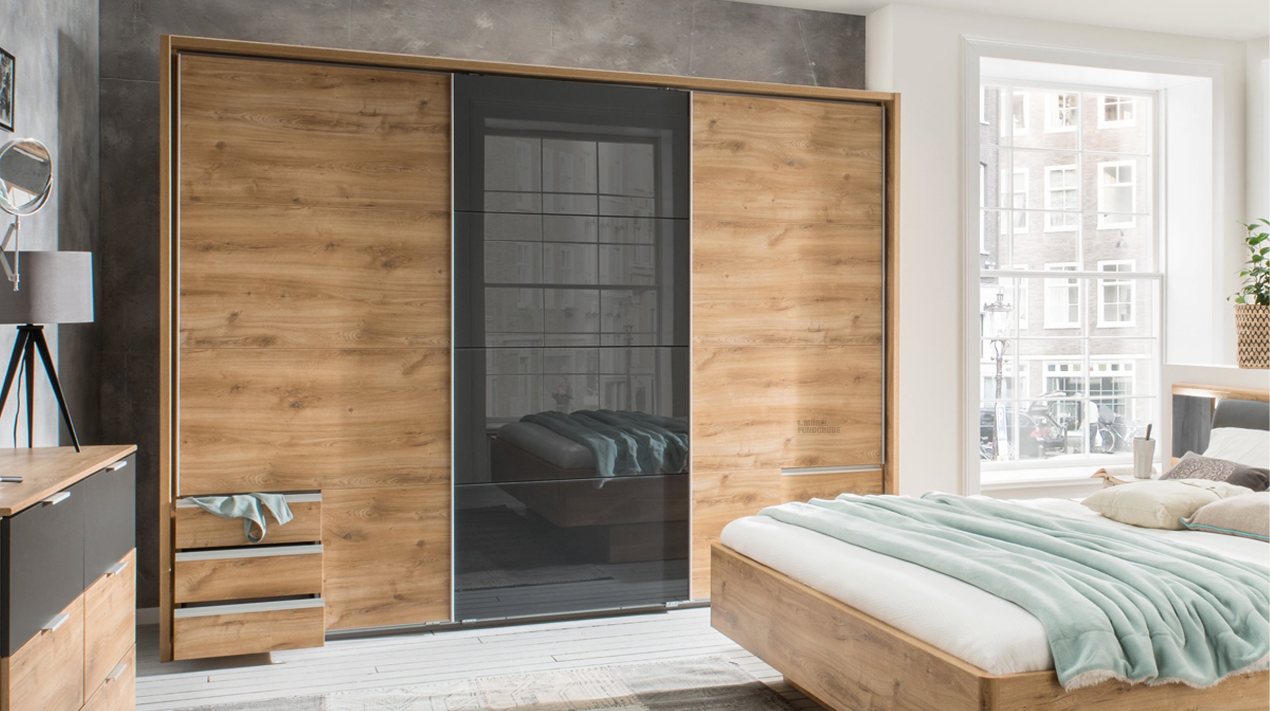 Schwebetürenschrank Glasfront - Plankeneiche - graphit - 270 cm - VALENCIA