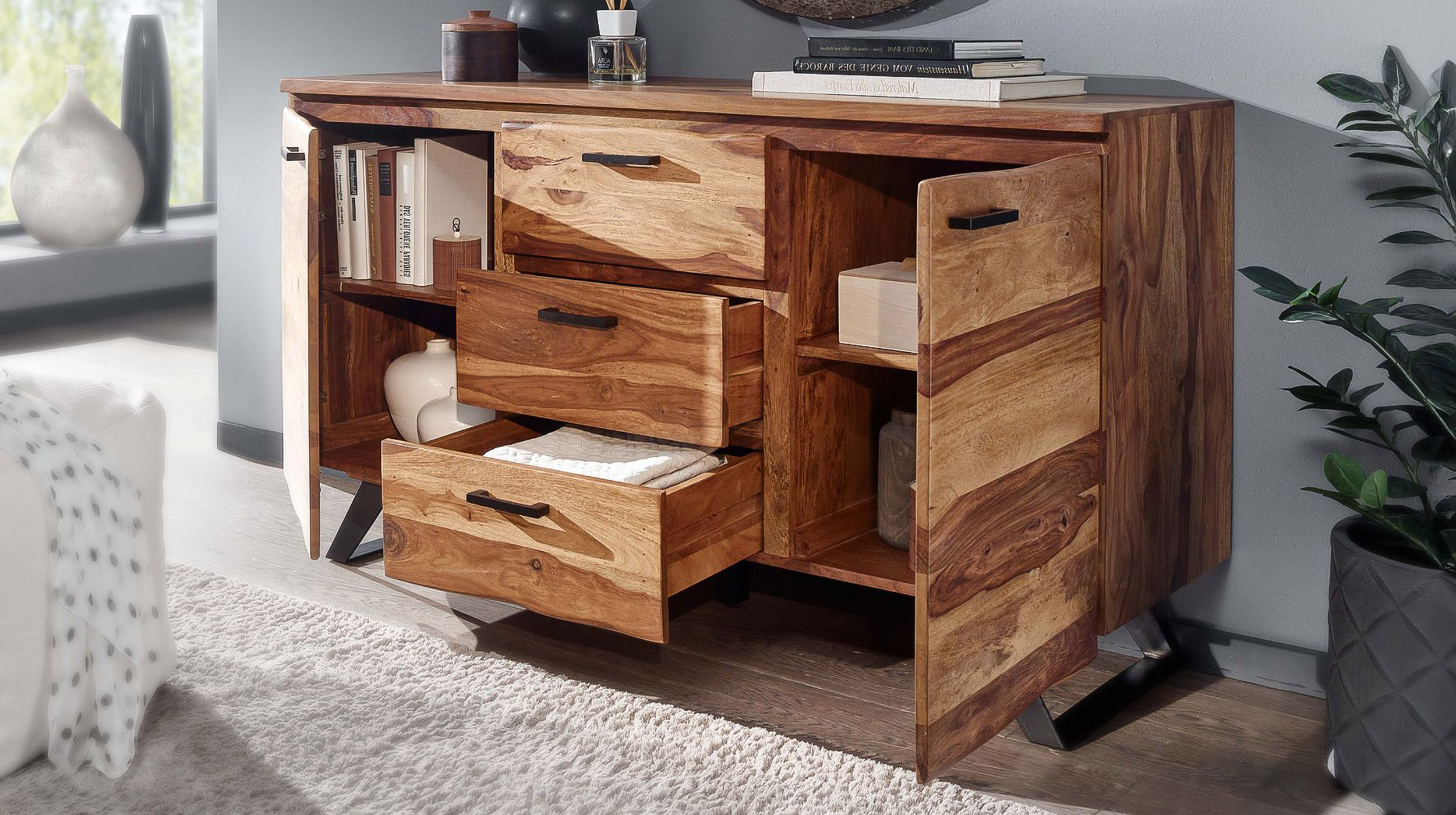 Sideboard mit 3 Schubladen Sheesham massiv gebeizt 145 cm - VINNAN
